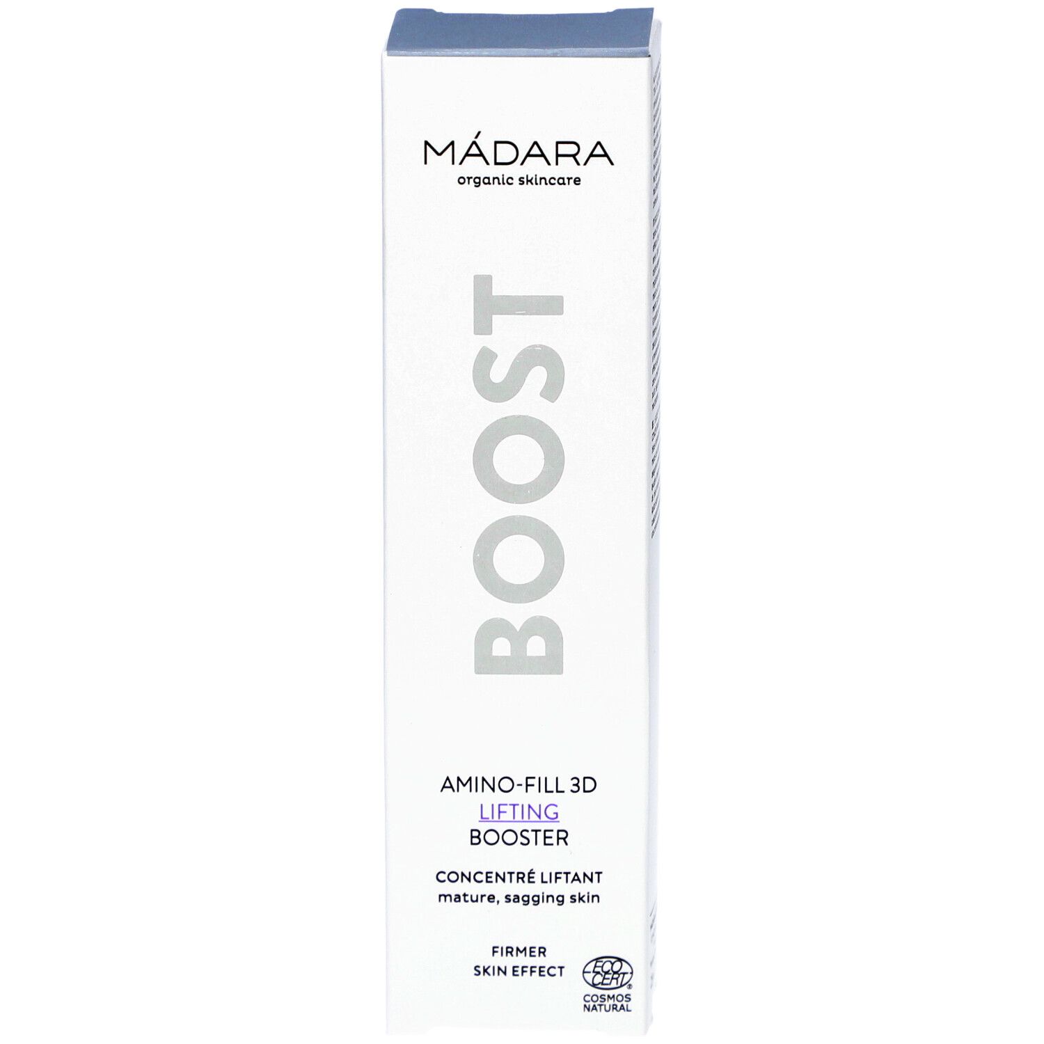 Witte doos met BOOST en AMINO-FILL 3D LIFTING BOOSTER. Merk MÁDARA organic skincare. COSMOS NATURAL certificering zichtbaar.