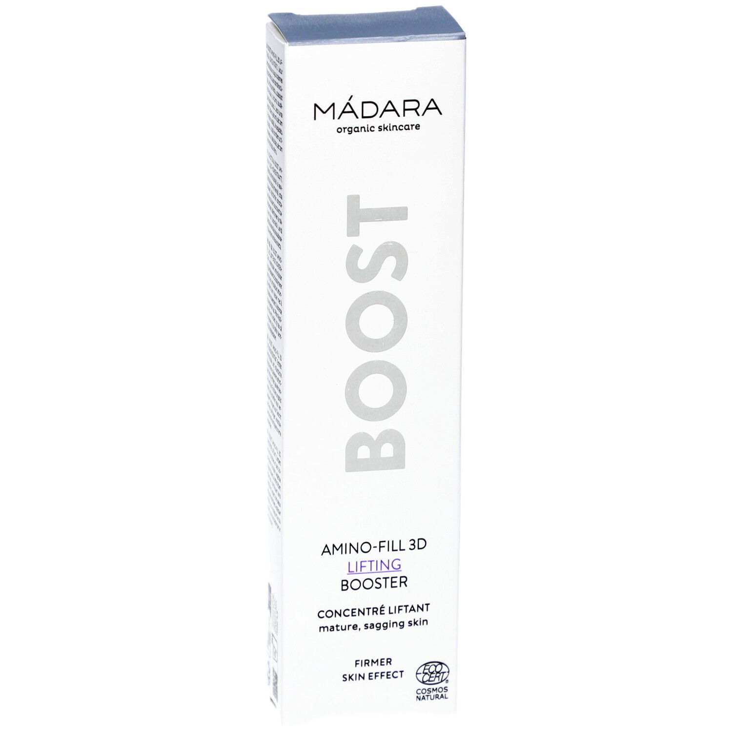 Witte doos met BOOST en AMINO-FILL 3D LIFTING BOOSTER. Merk MÁDARA organic skincare. COSMOS NATURAL certificering zichtbaar.