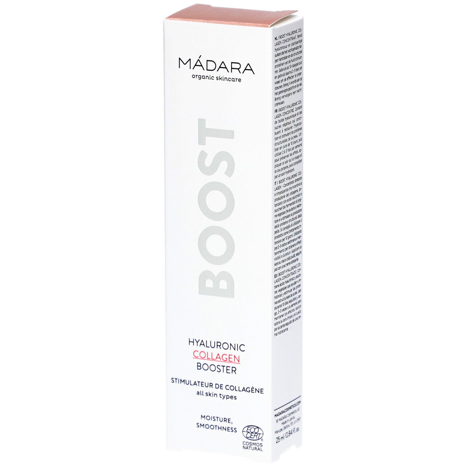 Witte verpakking met BOOST en Hyaluronic Collagen Booster. Merk: Mádara. Bevat COSMOS NATURAL certificering.