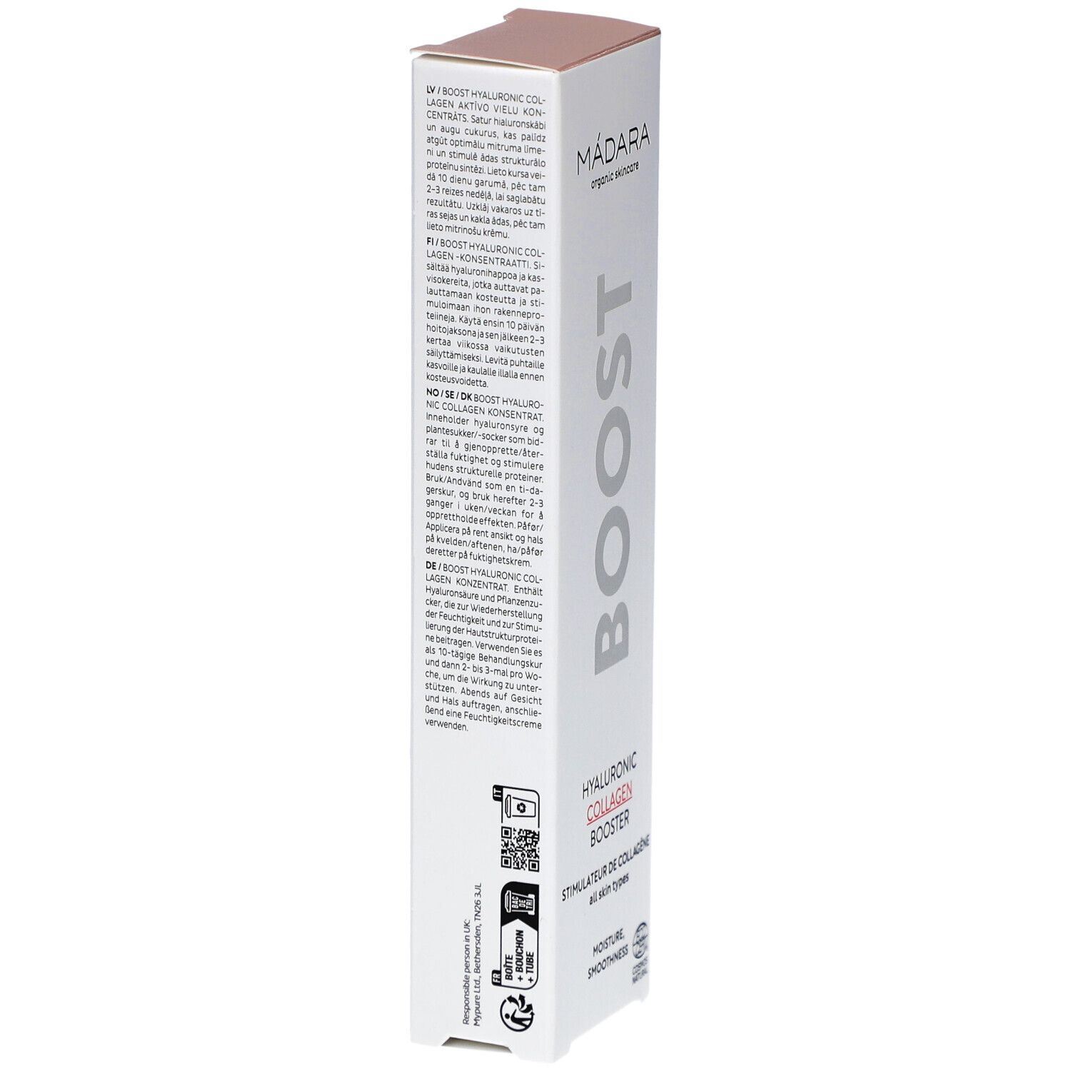 Witte verpakking met productinformatie. Merk: Mádara. Meertalige tekst. Bevat QR-code en COSMOS NATURAL certificering.