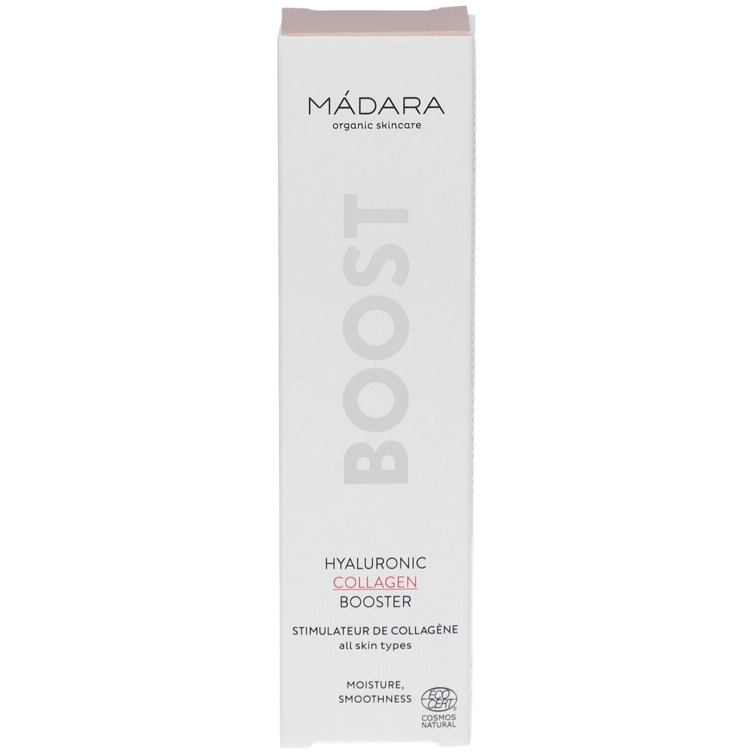 Witte verpakking met BOOST en Hyaluronic Collagen Booster. Merk: Mádara. Bevat COSMOS NATURAL certificering.