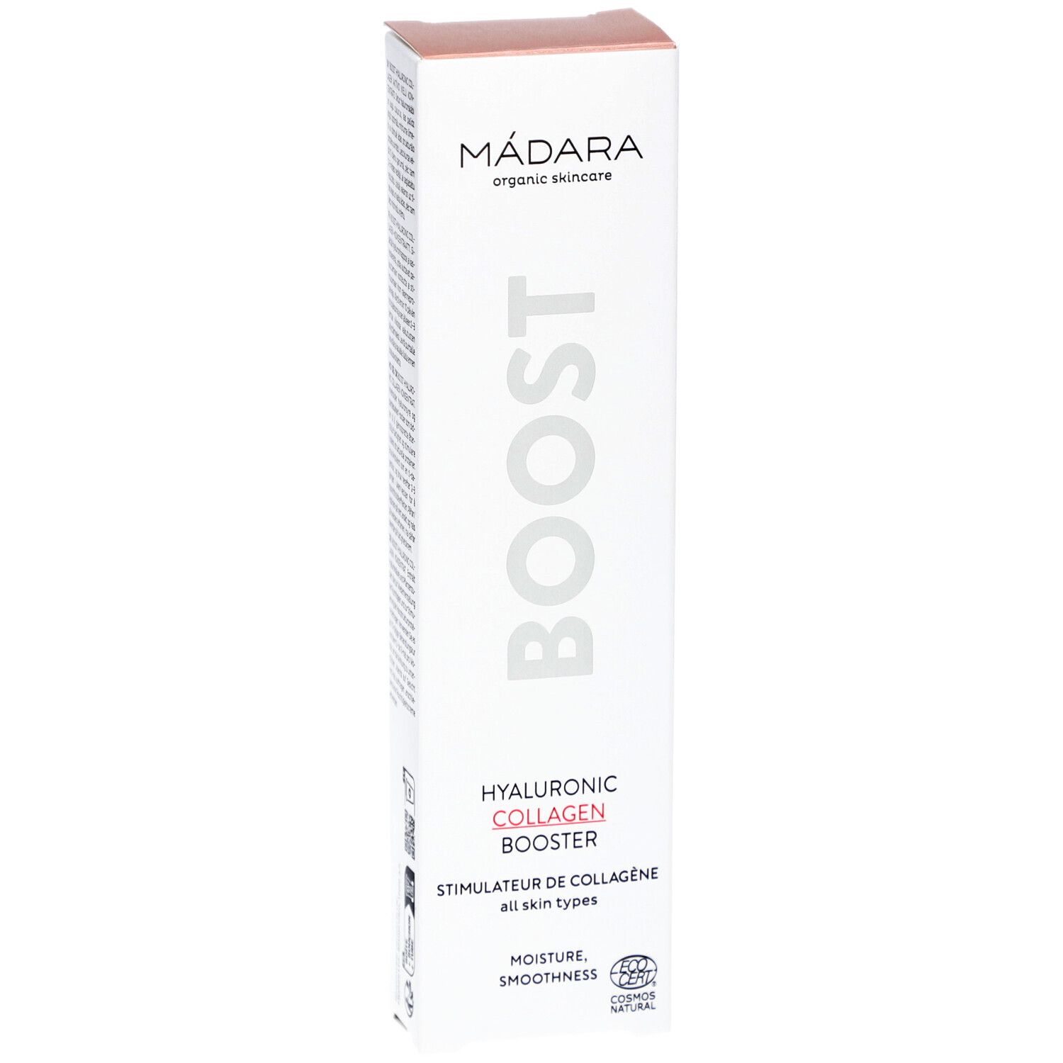 Witte verpakking met BOOST en Hyaluronic Collagen Booster. Merk: Mádara. Bevat COSMOS NATURAL certificering.