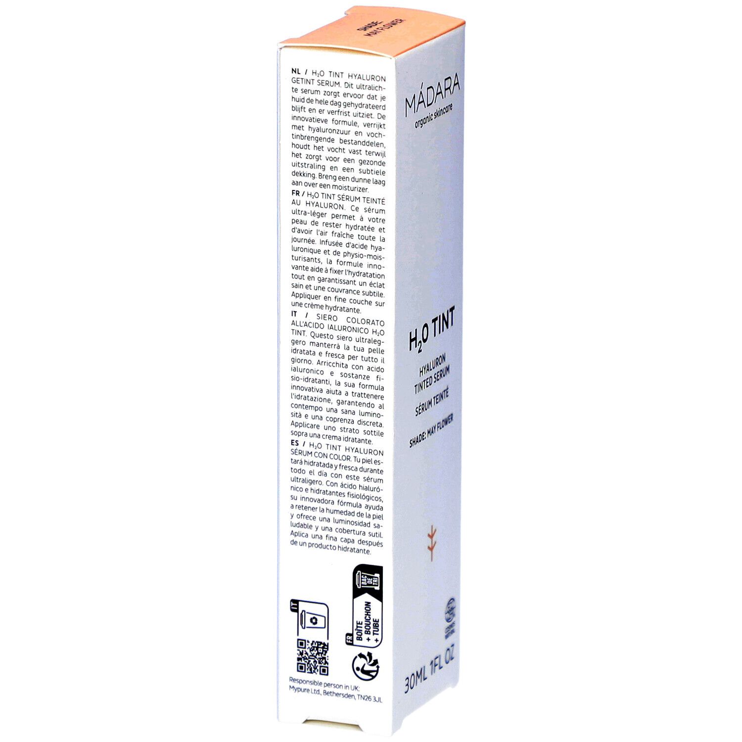 Verpakking Madara H2O Tint Hyaluron-Serum. Meertalige tekst. 30ml, 1FL OZ. Shade: May Flower. Met QR-code.