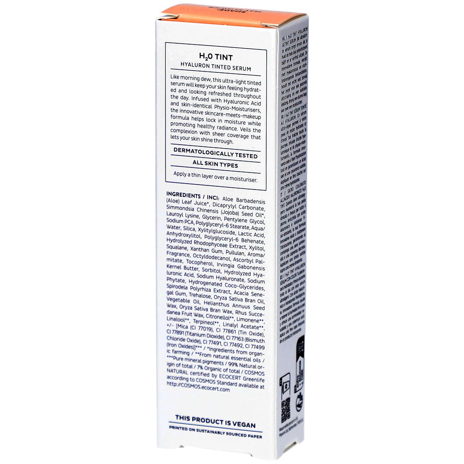 Achterkant verpakking Madara H2O Tint Hyaluron-Serum. Ingrediënten, tekst. Vegan certificering. Voor alle huidtypes.