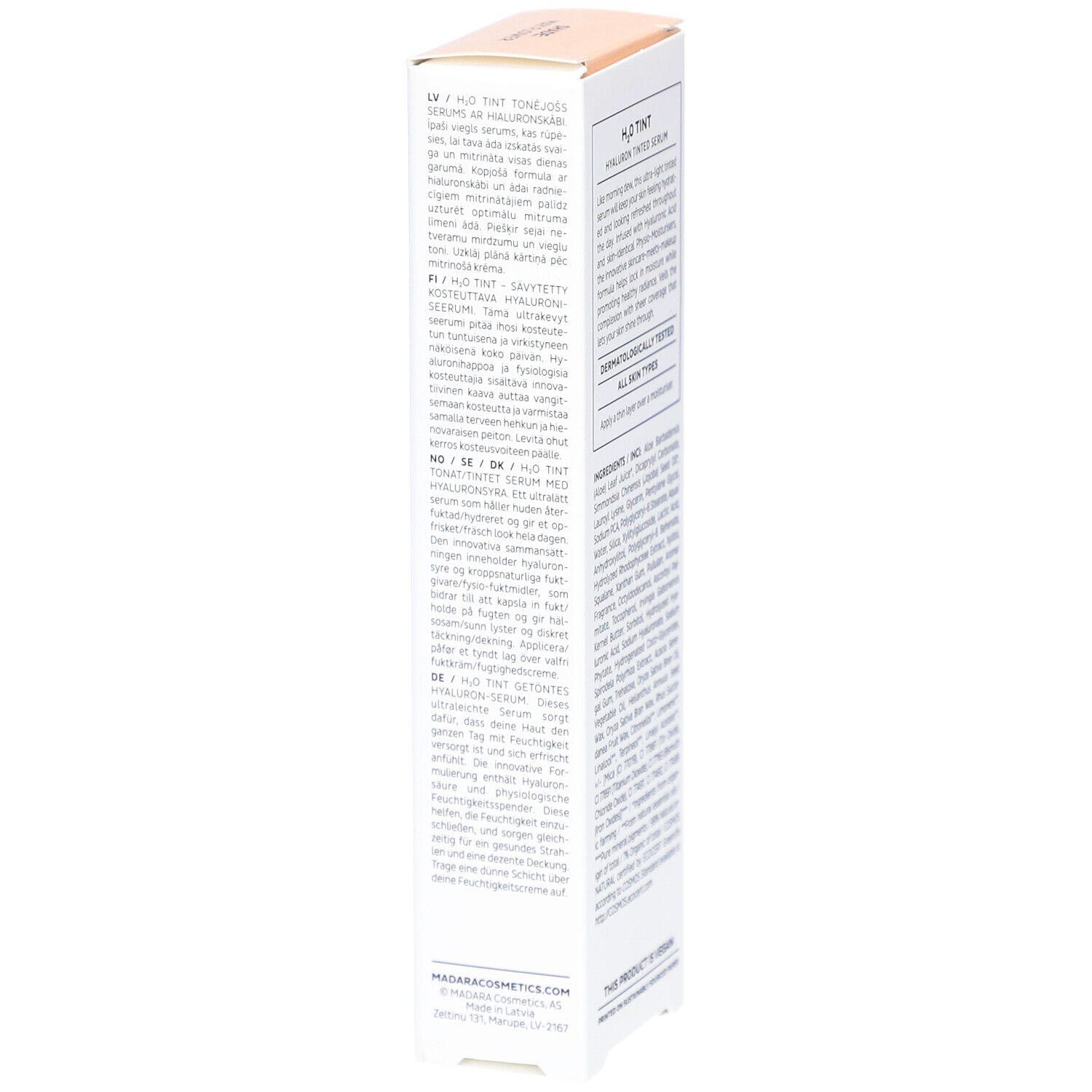 Zijkant verpakking Madara H2O Tint Hyaluron-Serum. Meertalige tekst. MadaraCosmetics.com.