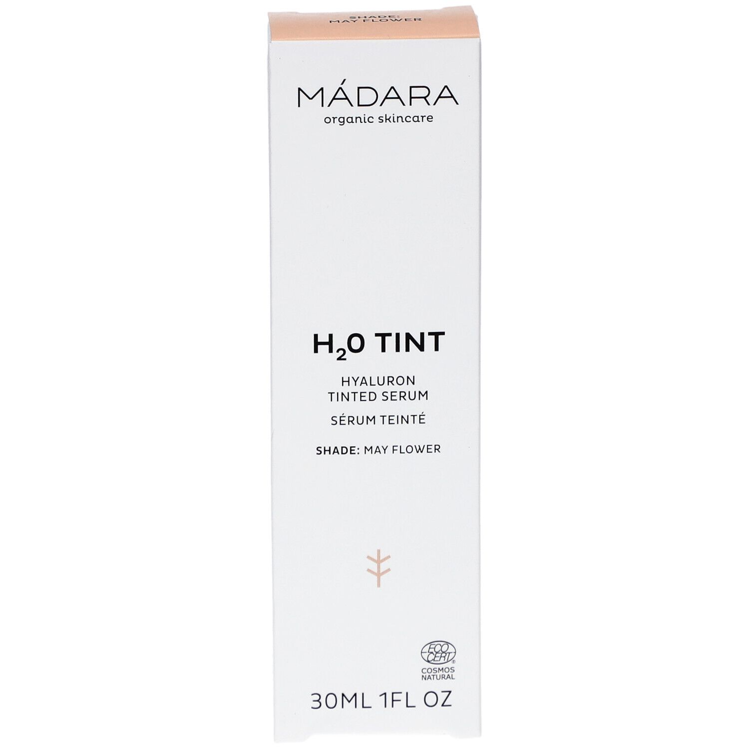 Verpakking Madara H2O Tint Hyaluron-Serum. Productnaam en logo. 30ml, 1FL OZ. Shade: May Flower. CO2-certificering.