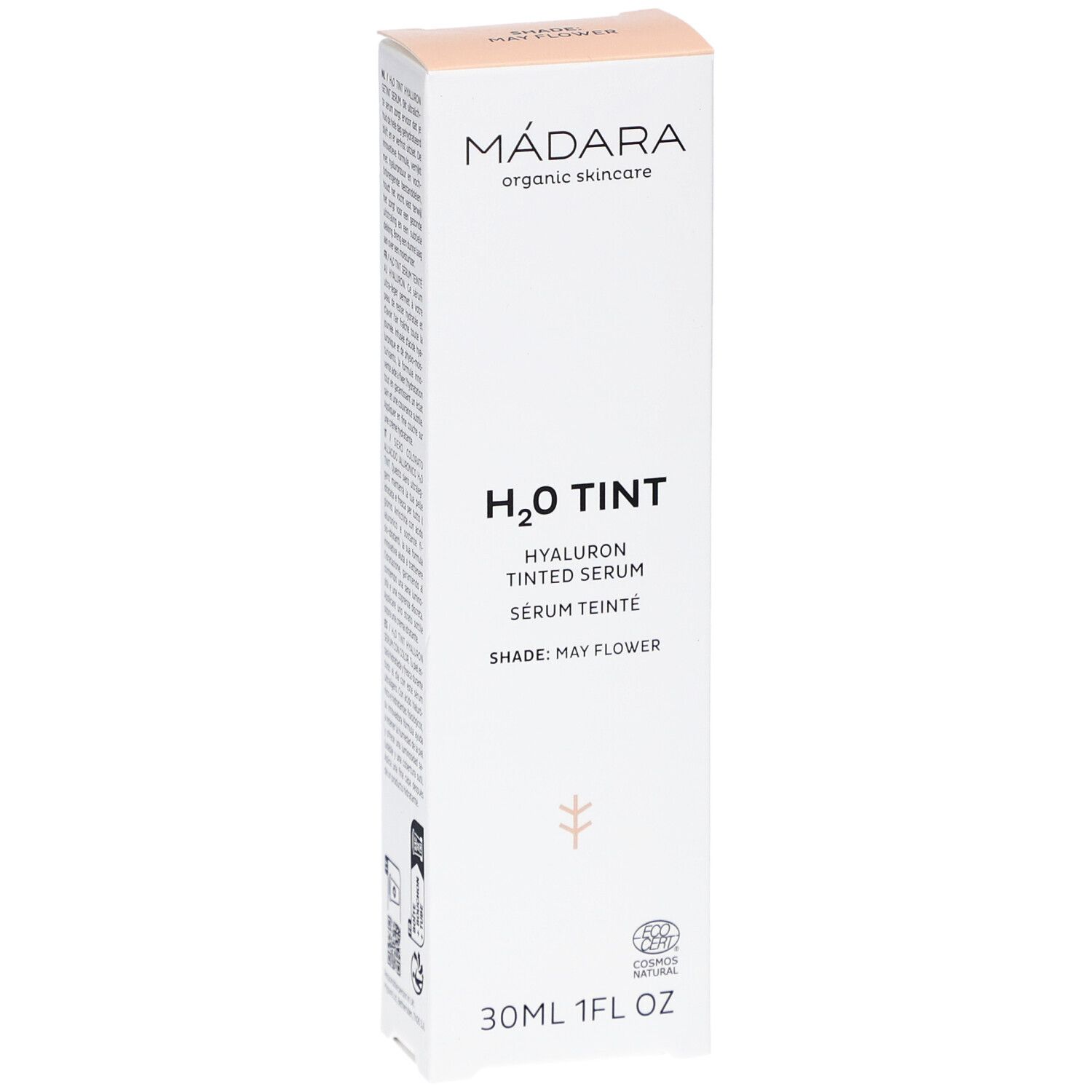 Verpakking Madara H2O Tint Hyaluron-Serum. Productnaam en logo. 30ml, 1FL OZ. Shade: May Flower. CO2-certificering.