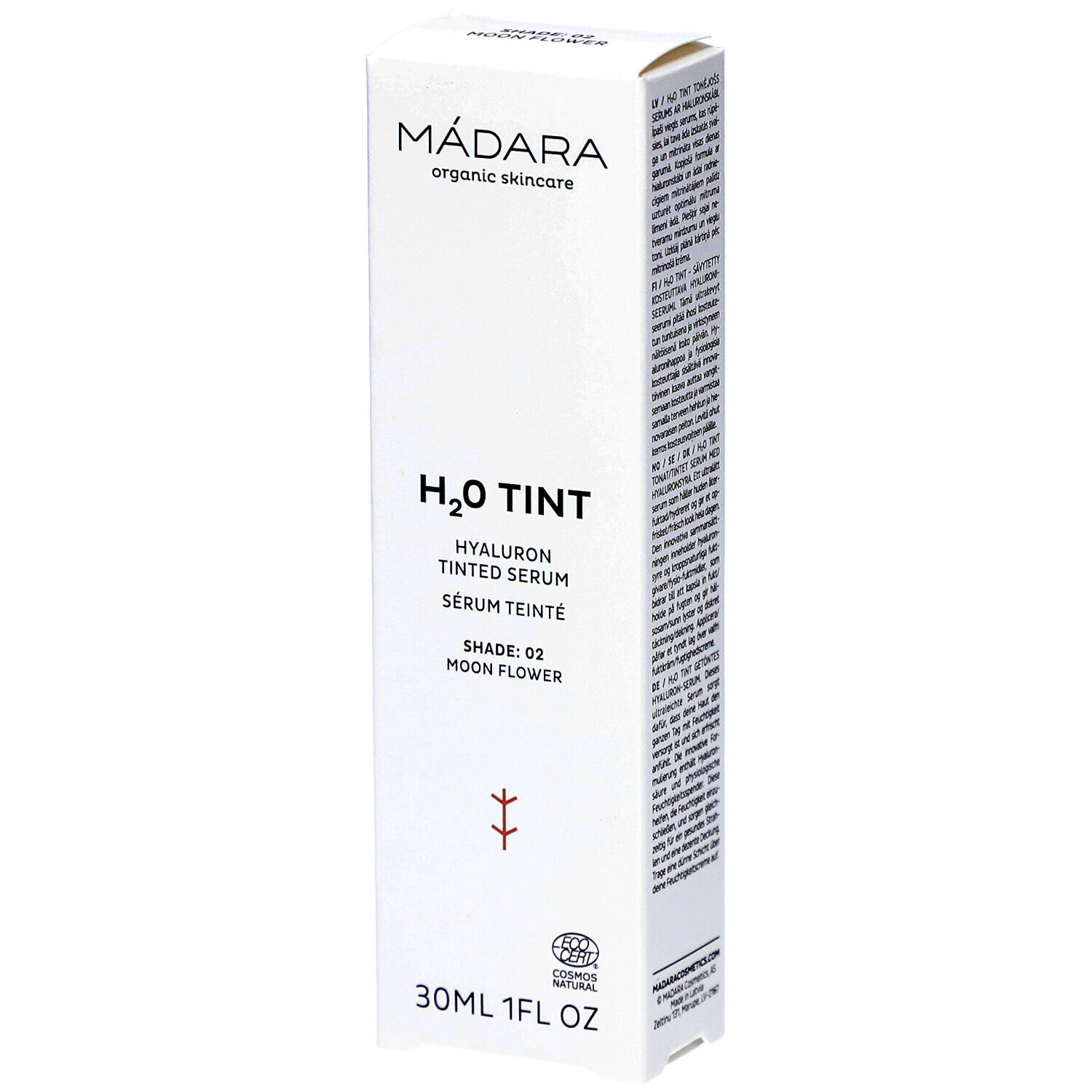 Witte verpakking met productinformatie. Boven: MÁDARA organic skincare. Midden: H2O TINT Hyaluron Getint Serum. Onder: 30ml 1FL OZ.