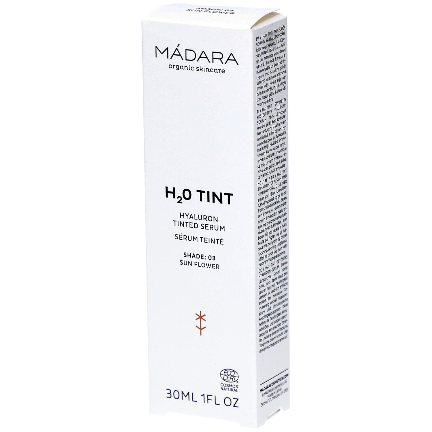 Witte productverpakking met tekst. Merk: MÁDARA. Product: H2O TINT Hyaluron Tinted Serum. Tint: 03 Sun Flower. 30ml/1FL OZ. Logo.