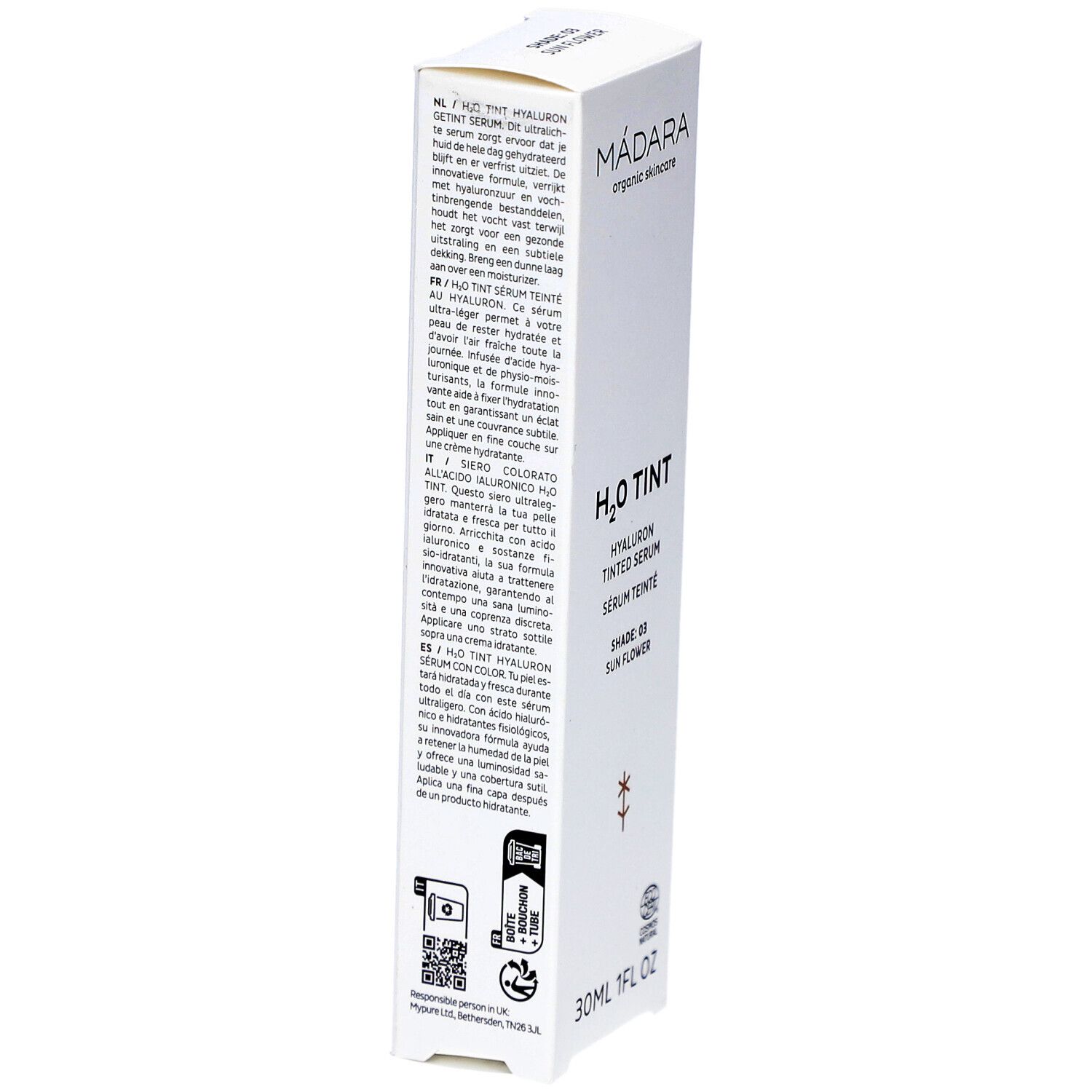 Witte productverpakking met tekst. Merk: MÁDARA. Product: H2O TINT Hyaluron Tinted Serum. Meertalige tekst. 30ml/1FL OZ. Logo.