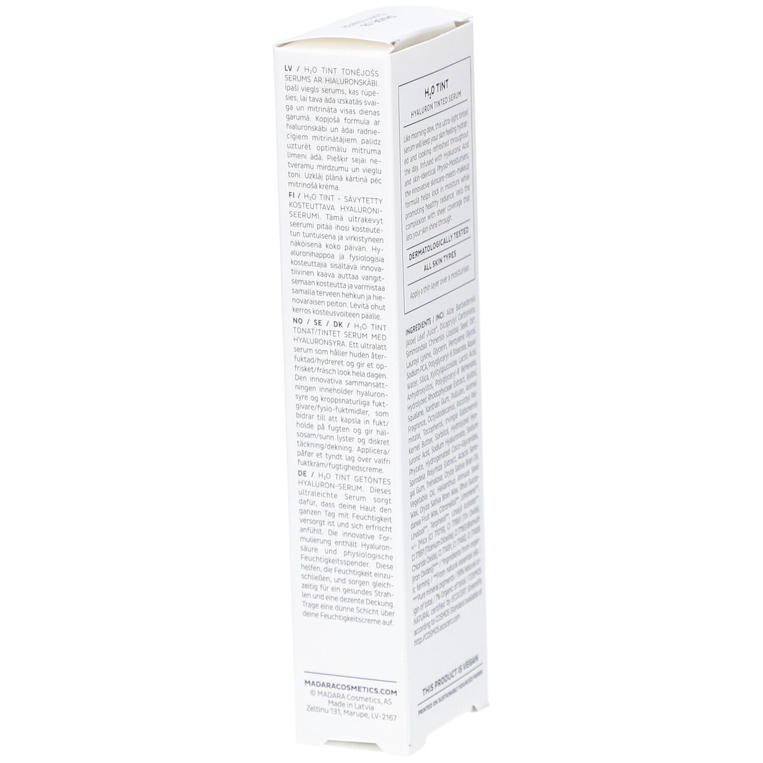 Witte productverpakking met tekst. Merk: MÁDARA. Product: H2O TINT Hyaluron Tinted Serum. Meertalige tekst. Logo.