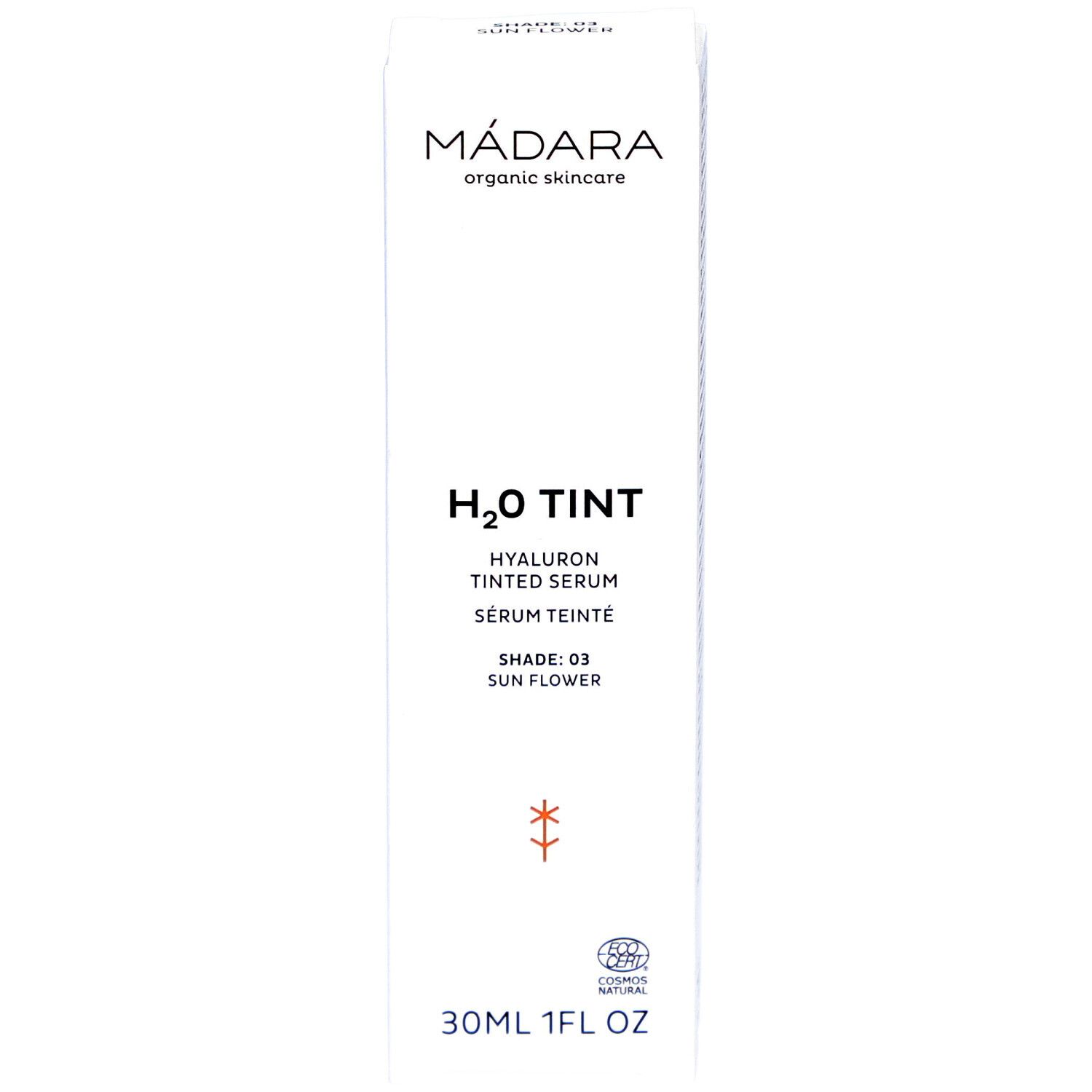 Witte productverpakking met tekst. Merk: MÁDARA. Product: H2O TINT Hyaluron Tinted Serum. Tint: 03 Sun Flower. 30ml/1FL OZ. Logo.