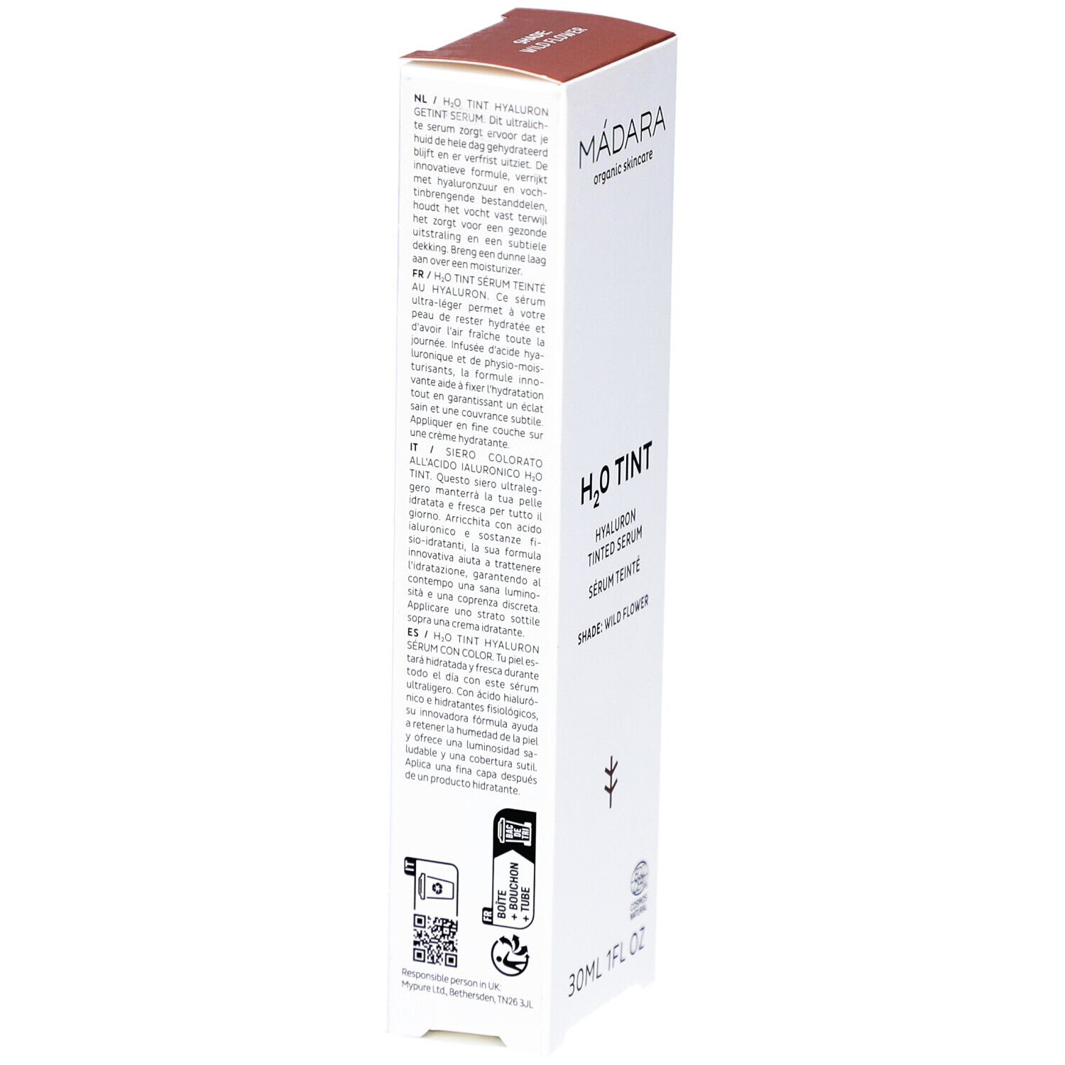 Witte doos, zijaanzicht. Tekst in meerdere talen. Opdruk: H2O TINT, Hyaluron Tinted Serum. 30ml. Met QR-code en certificeringen.