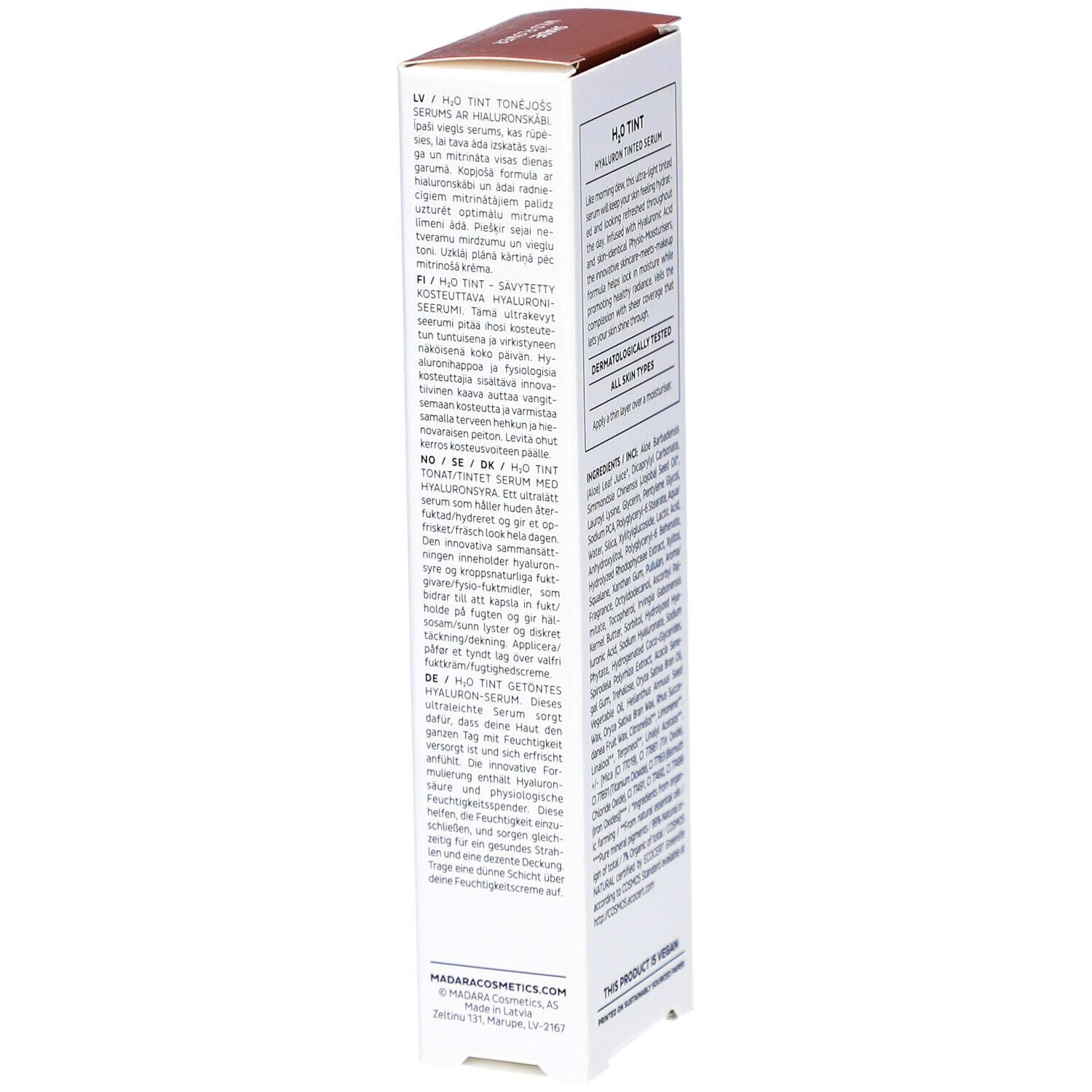 Witte doos, zijaanzicht. Tekst in meerdere talen. Opdruk: H2O TINT, Hyaluron Tinted Serum. Met QR-code.