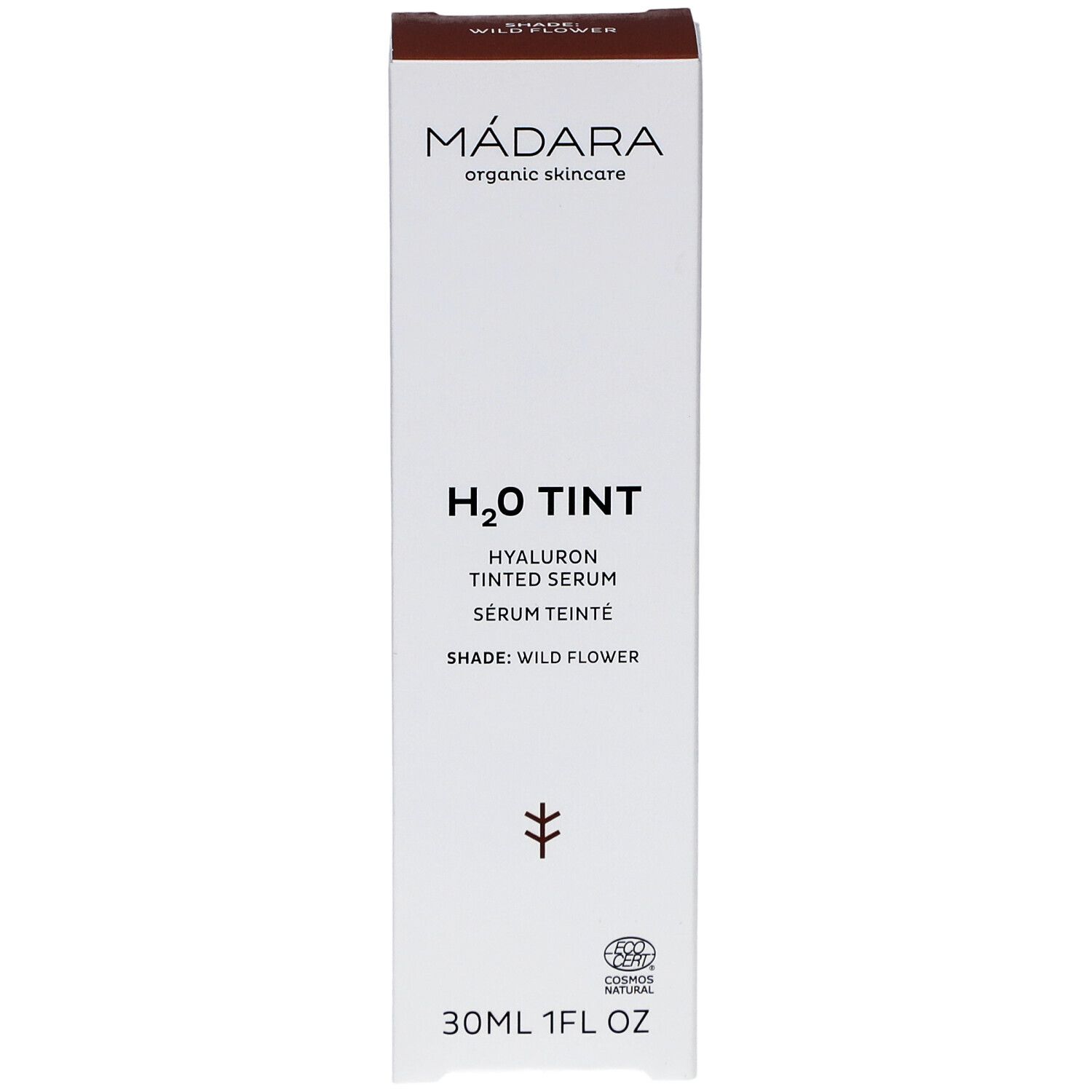 Witte doos met productopdruk. Bruin bovenaan. Opschrift: H2O TINT, Hyaluron Tinted Serum, Shade: Wild Flower. 30ml.