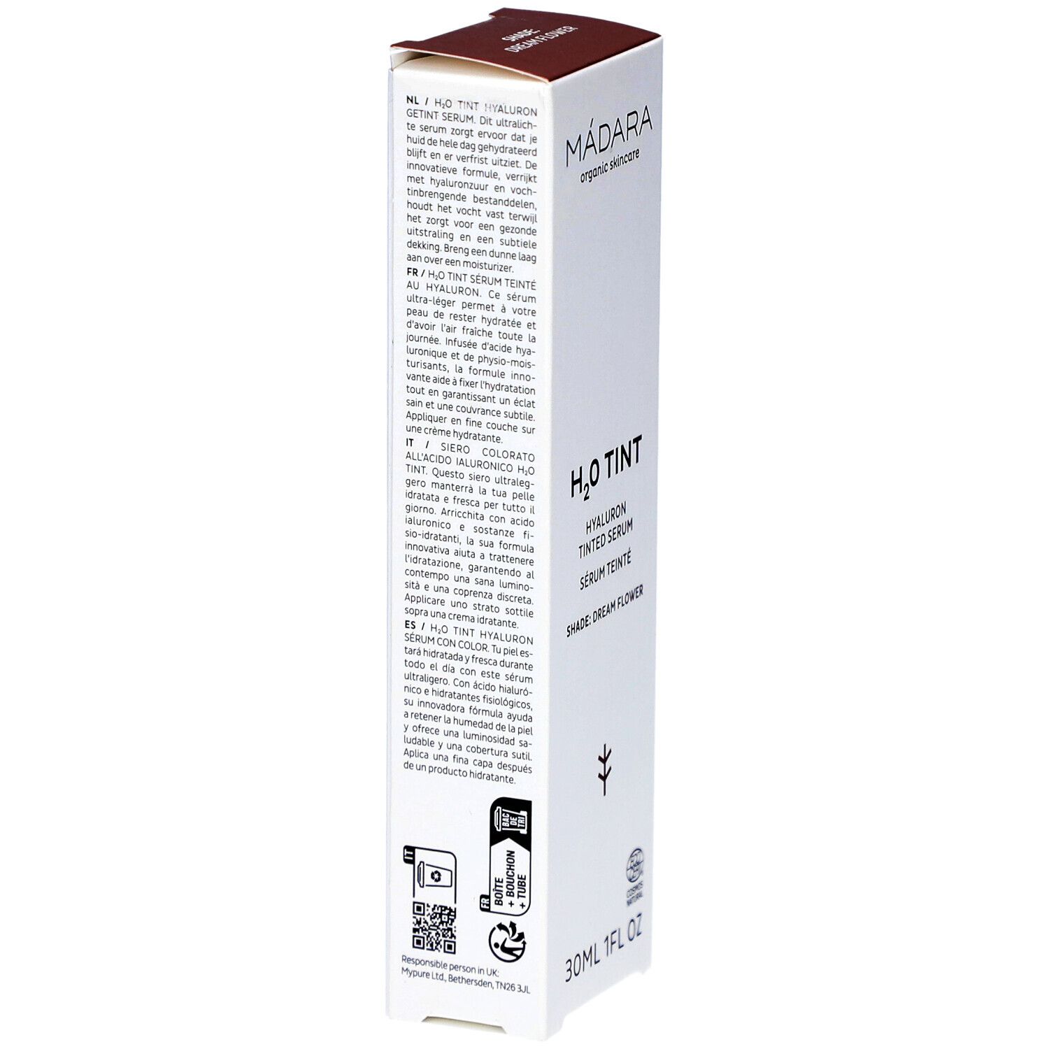 Achterkant verpakking. Tekst in meerdere talen. H2O Tint Hyaluron getint serum. Ingrediënten. Biologische certificering. QR-code.