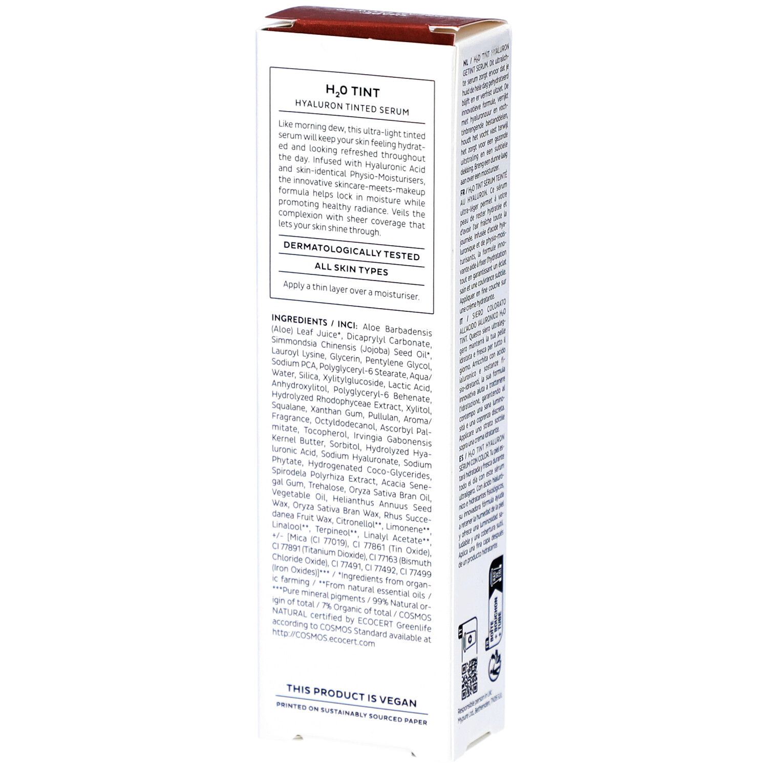 Achterkant verpakking. Tekst over product en ingrediënten. Dermatologisch getest. Alle huidtypen. Veganistisch.