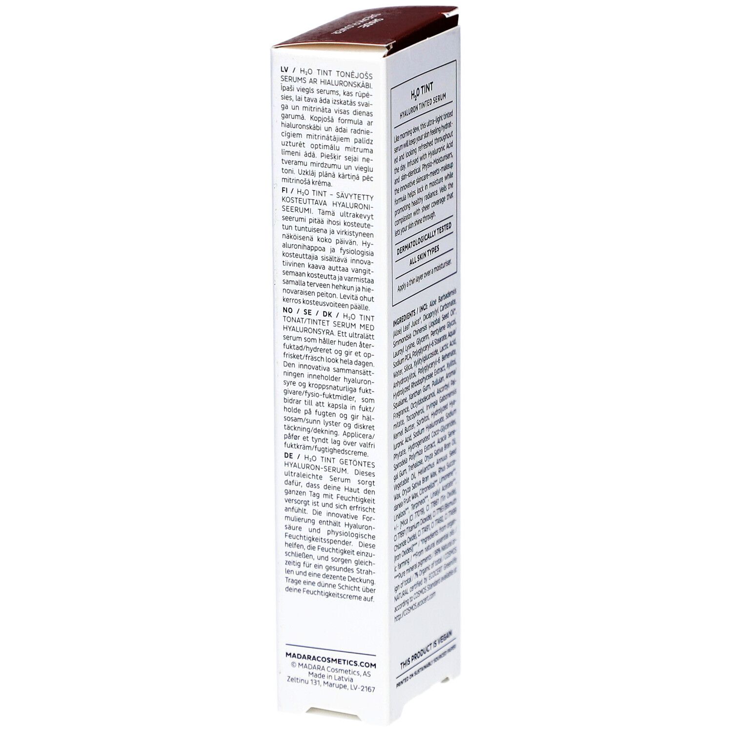 Zijkant verpakking. Tekst in meerdere talen. H2O Tint getint serum. Fabrikant informatie.