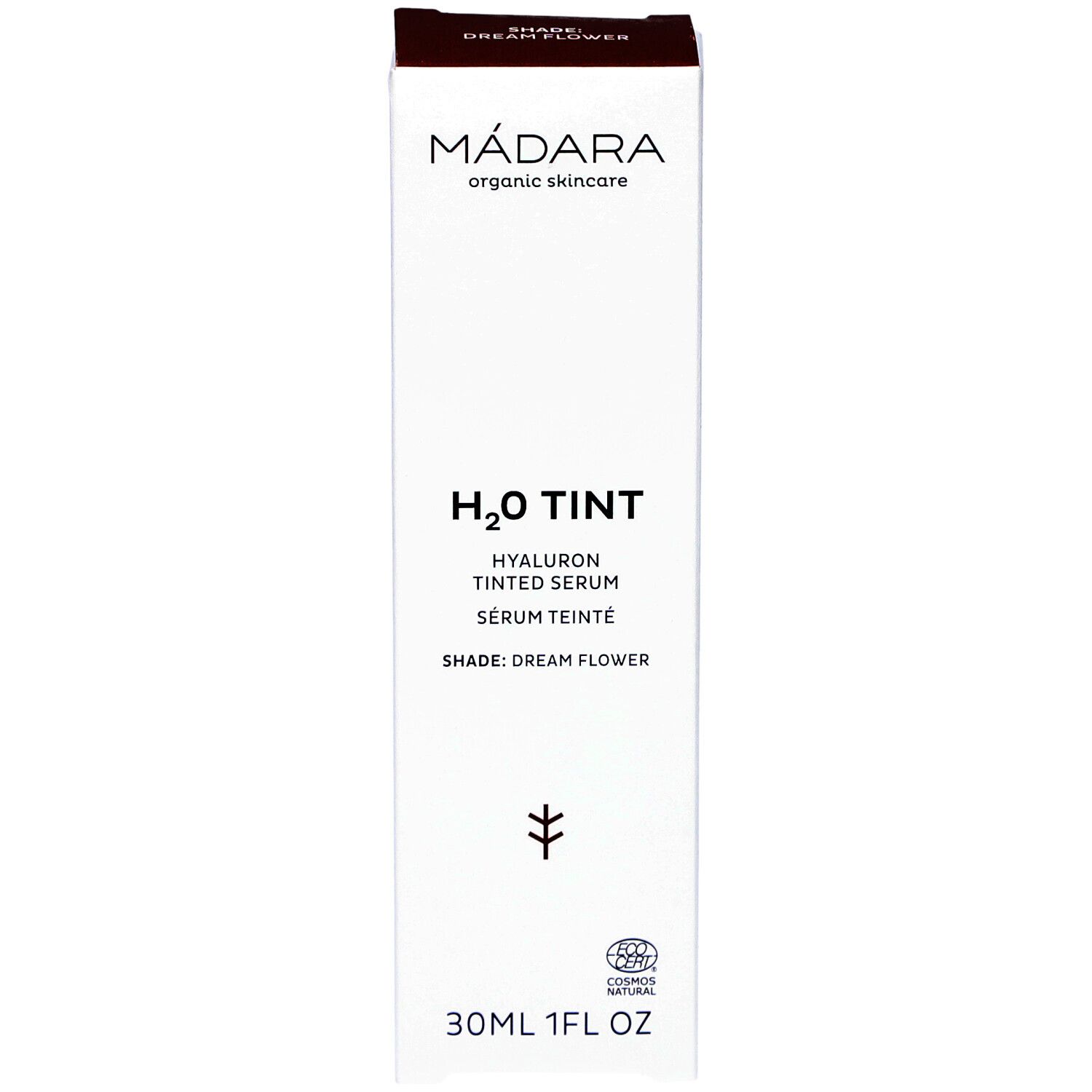 Witte verpakking met productnaam en logo. H2O Tint Hyaluron getint serum. Dream Flower tint. 30ml. Biologische certificering.
