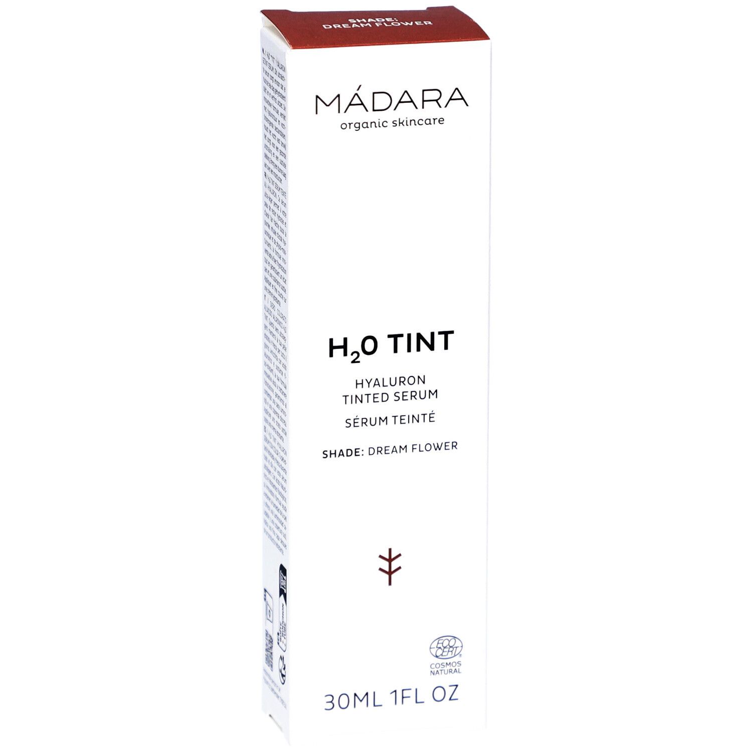 Witte verpakking met productnaam en logo. H2O Tint Hyaluron getint serum. Dream Flower tint. 30ml. Biologische certificering.