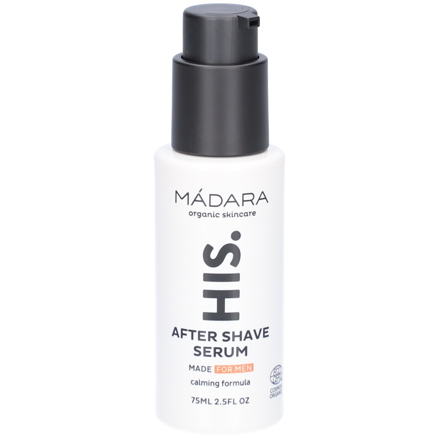 Wit flesje met zwarte pomp. Opschrift: MÁDARA, HIS, After Shave Serum, MADE FOR MEN, COSMOS ORGANIC.