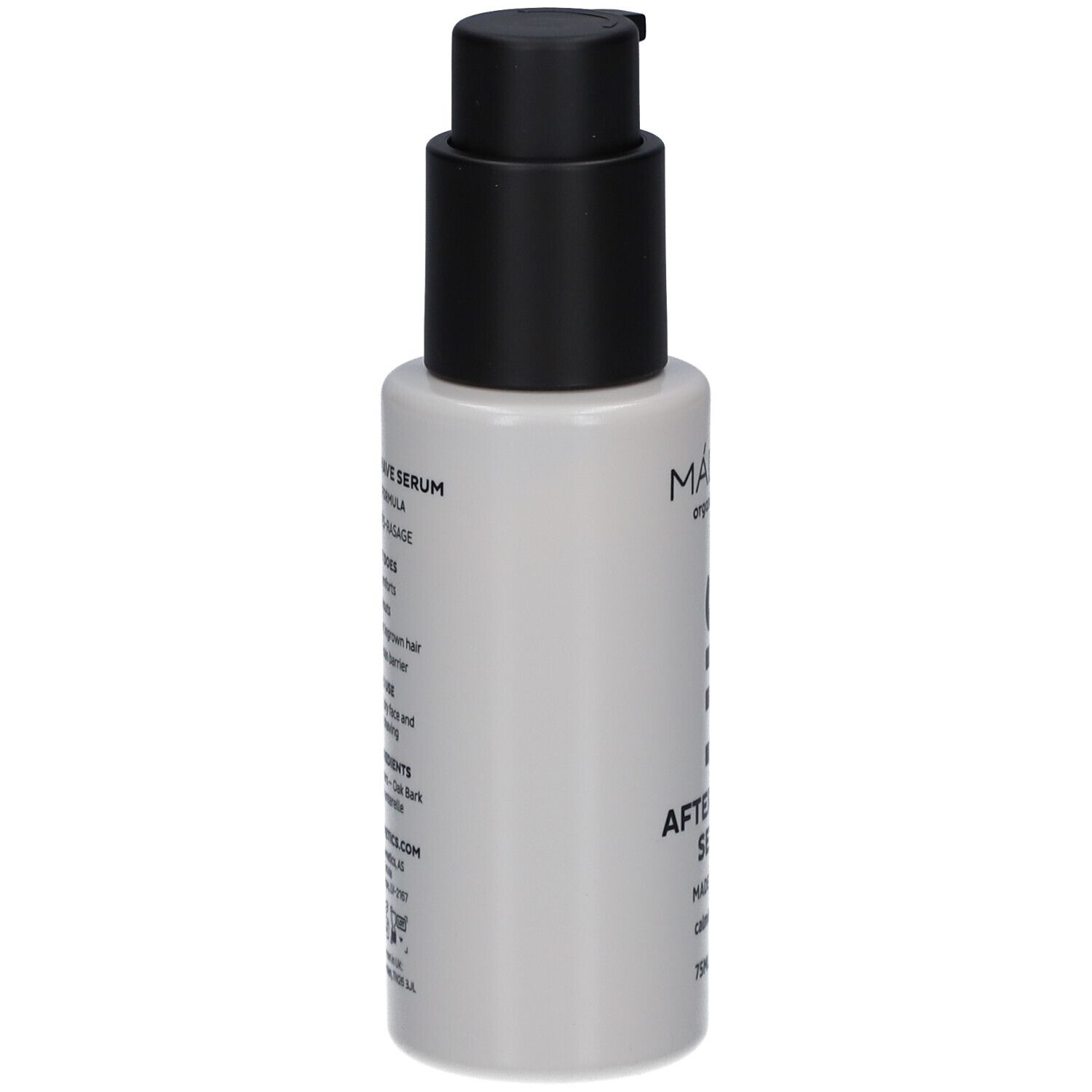 Wit flesje met zwarte pomp. Opschrift: After Shave Serum, MADE FOR MEN. Tekst en ingrediënten.