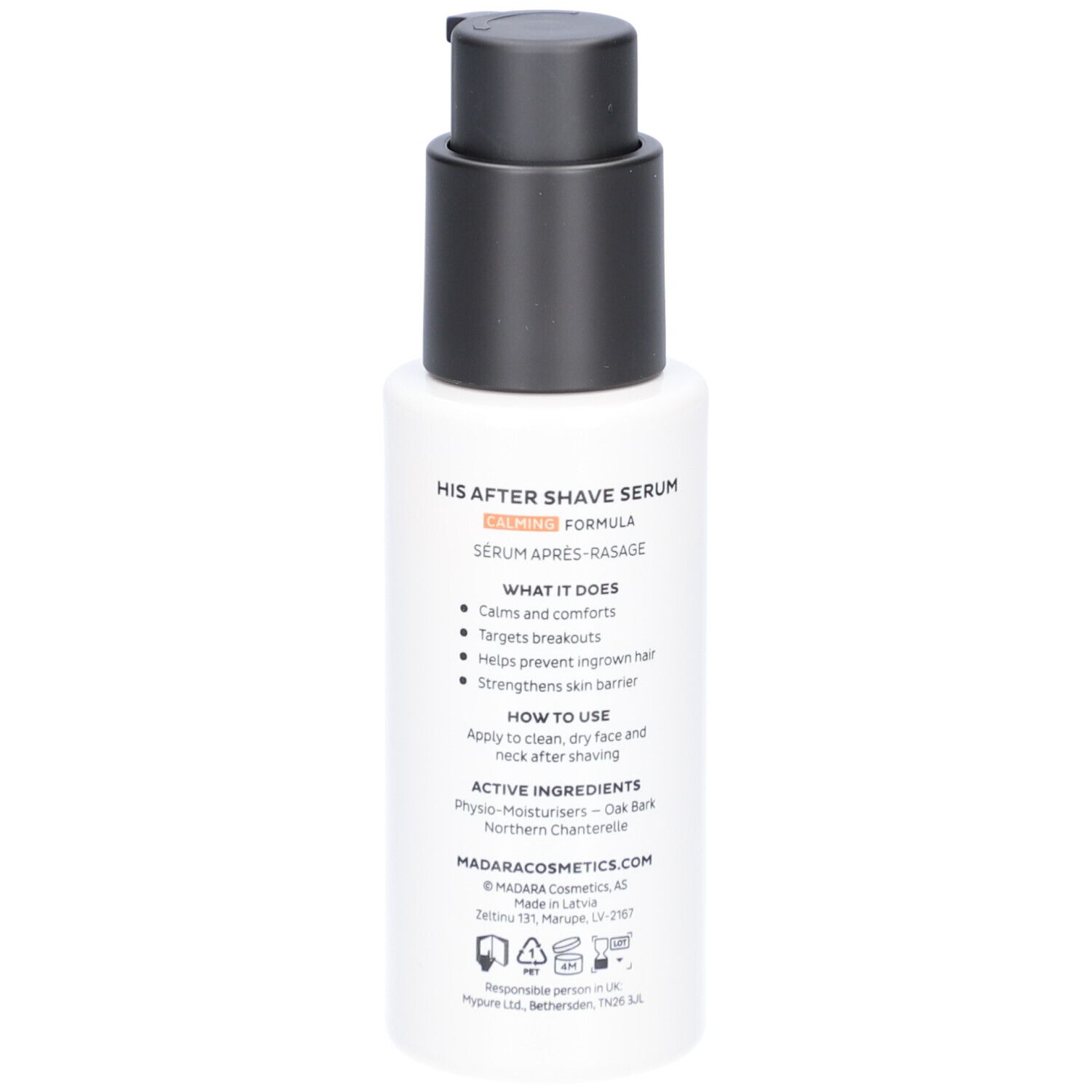 Wit flesje met zwarte pomp. Opschrift: HIS After Shave Serum. Tekst: Wat het doet, gebruik, ingrediënten.