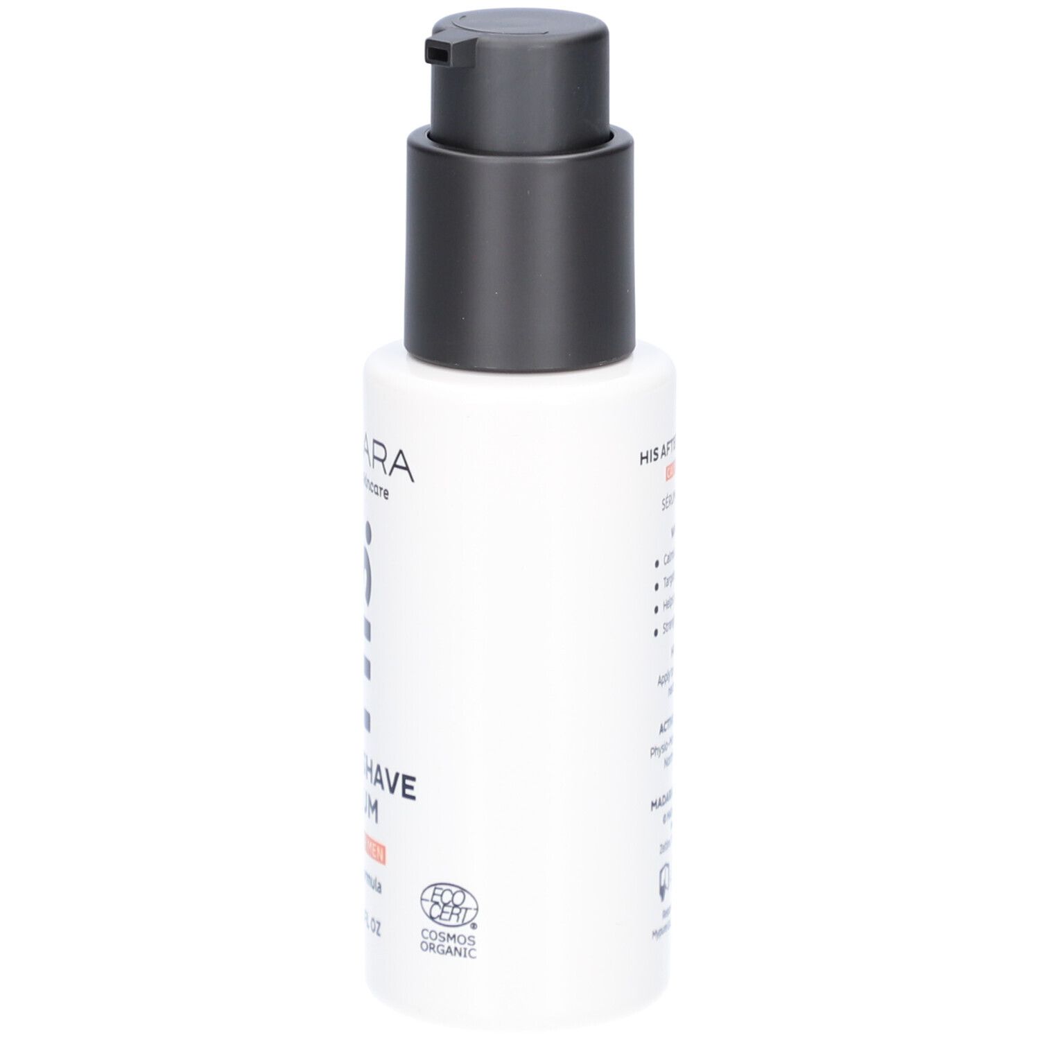 Wit flesje met zwarte pomp. Opschrift: MÁDARA, HIS, After Shave Serum, MADE FOR MEN, COSMOS ORGANIC.