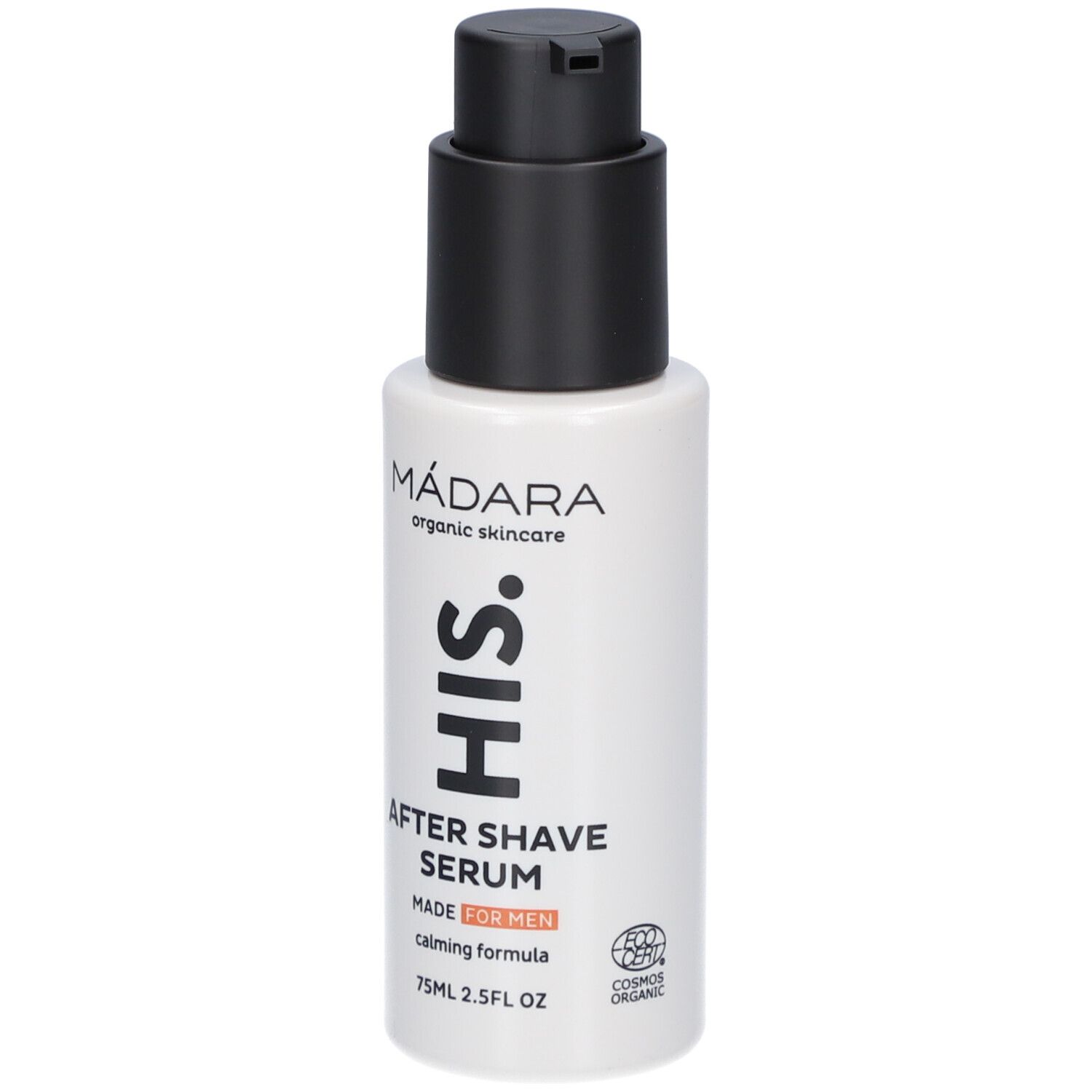 Wit flesje met zwarte pomp. Opschrift: MÁDARA, HIS, After Shave Serum, MADE FOR MEN, COSMOS ORGANIC.