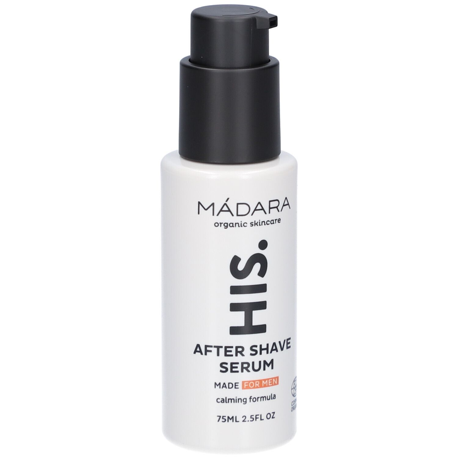 Wit flesje met zwarte pomp. Opschrift: MÁDARA, HIS, After Shave Serum, MADE FOR MEN, COSMOS ORGANIC.