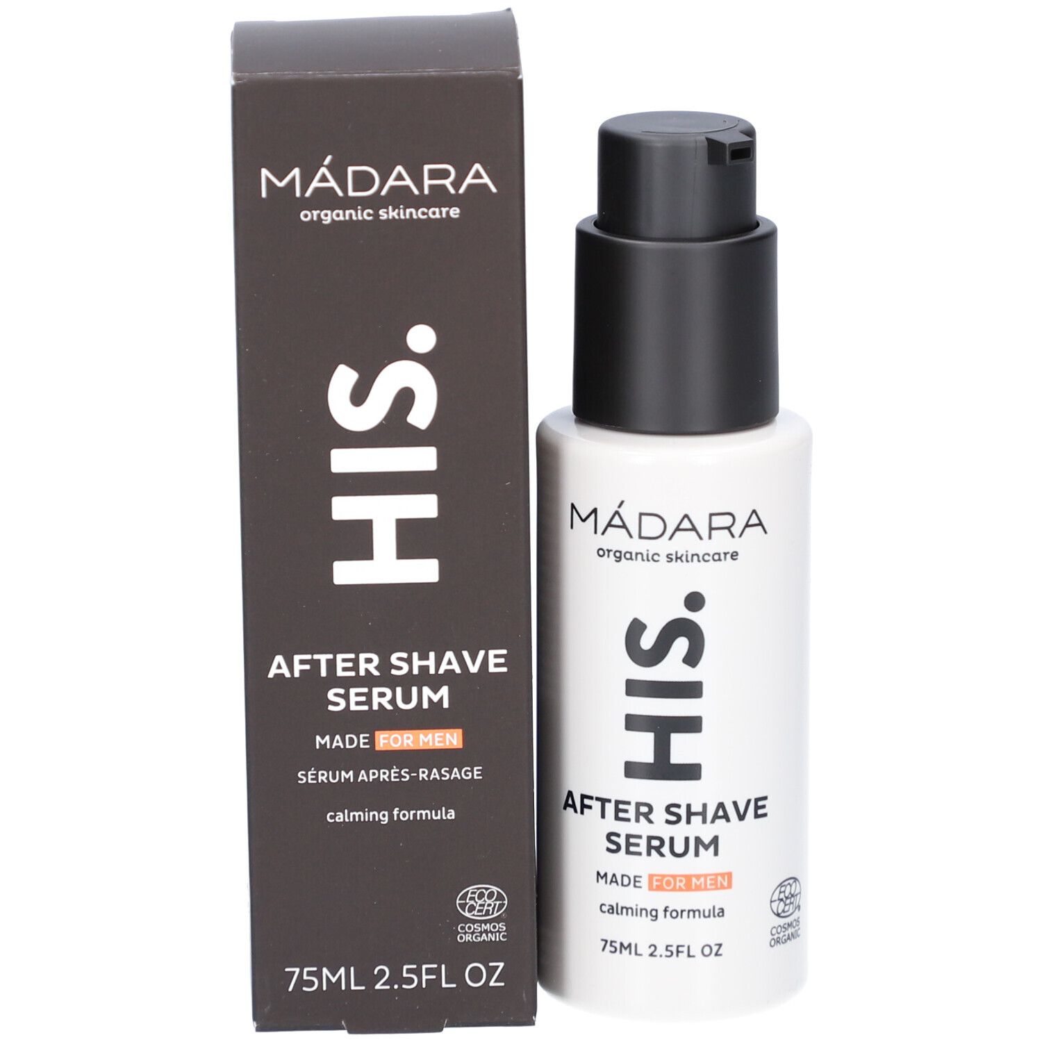 Productfles en verpakking. Opschrift: MÁDARA, HIS, After Shave Serum, MADE FOR MEN, COSMOS ORGANIC.