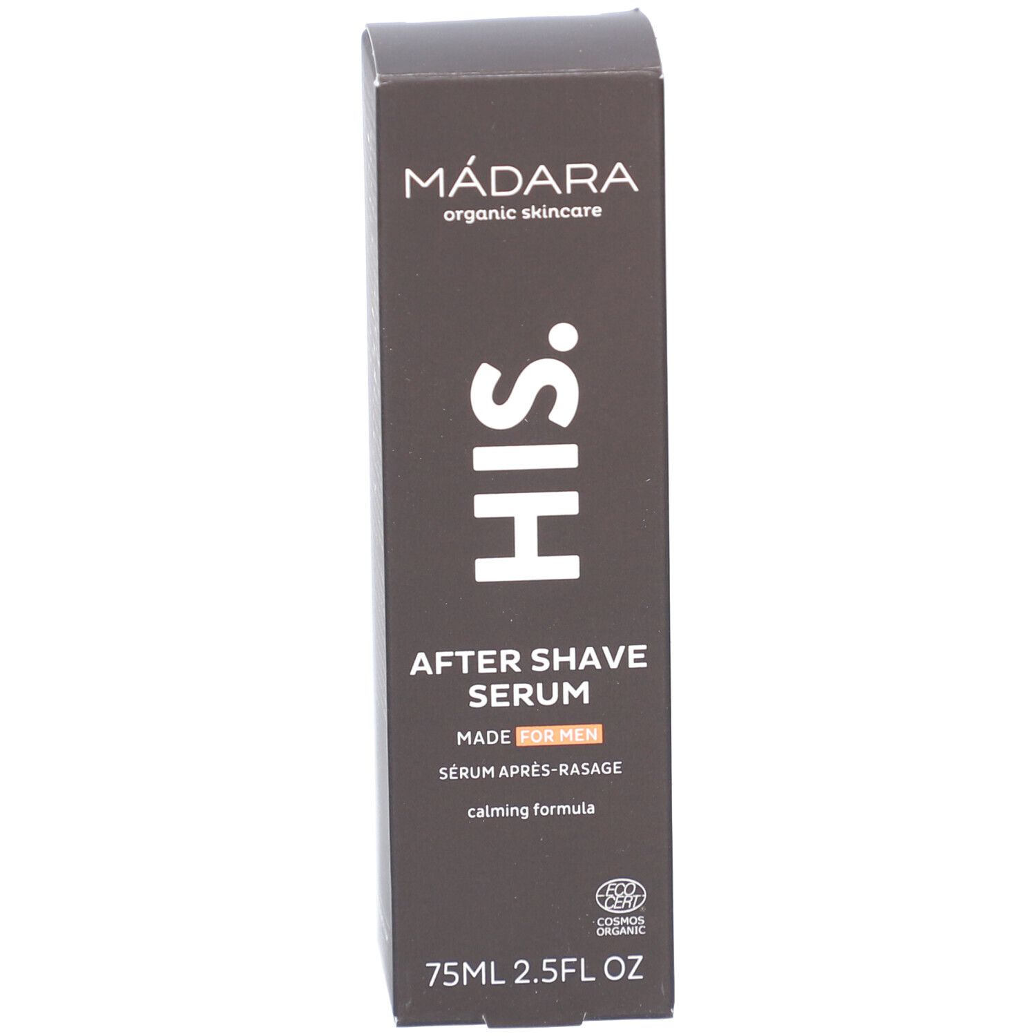 Bruine productverpakking. Opschrift: MÁDARA, HIS, After Shave Serum, MADE FOR MEN, COSMOS ORGANIC.