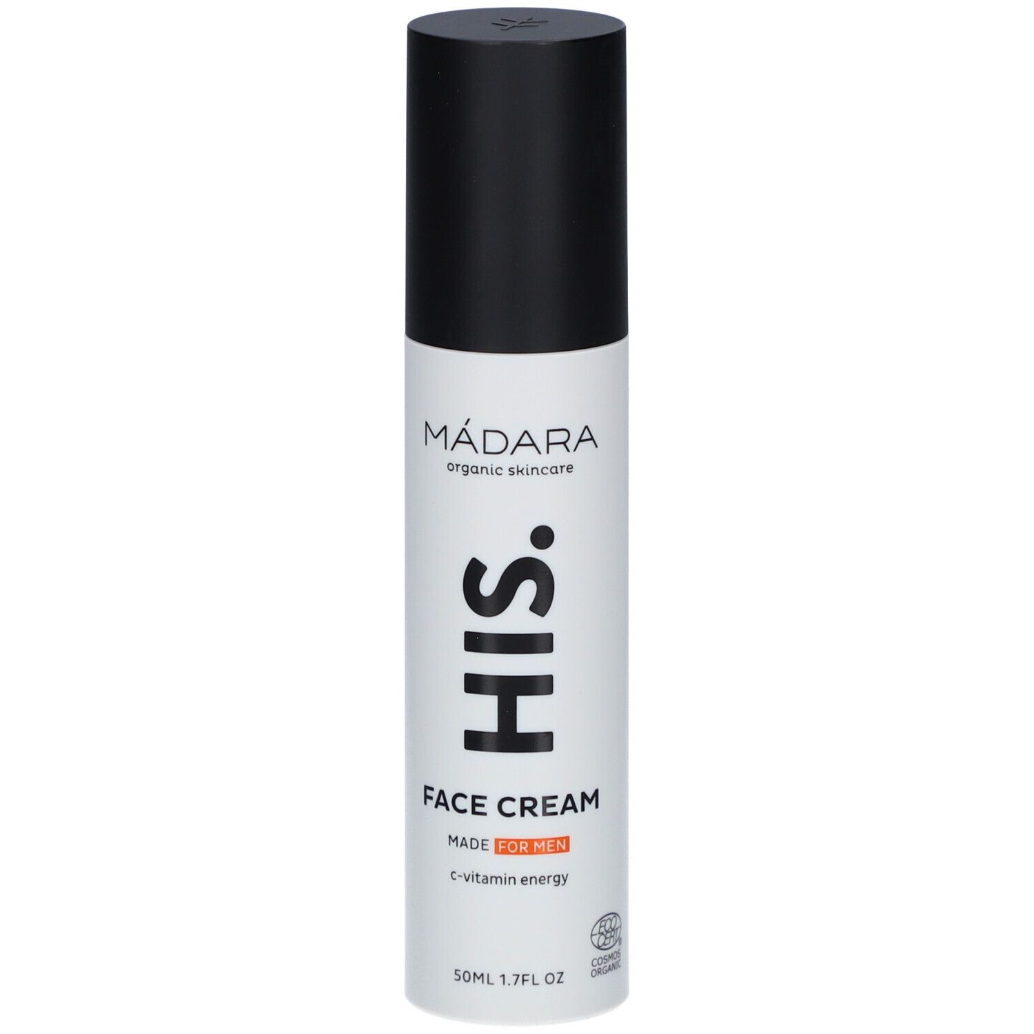 Wit en zwarte fles met zwarte dop. Opschrift: MÁDARA, HIS, FACE CREAM, MADE FOR MEN, c-vitamin energy.