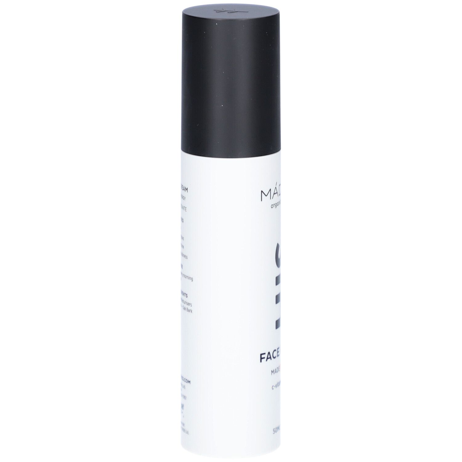 Witte fles met zwarte dop. Tekst op de zijkant: HIS FACE CREAM, ingrediënten, gebruiksaanwijzing.