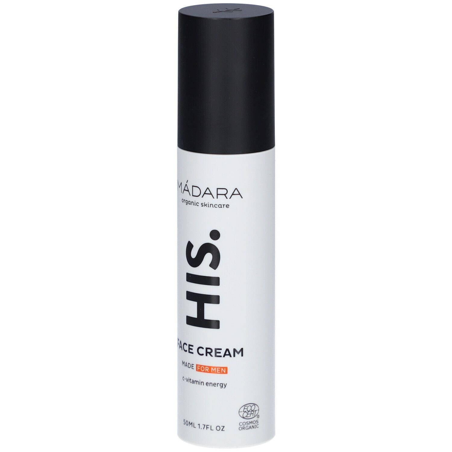 Wit en zwarte fles met zwarte dop. Opschrift: MÁDARA, HIS, FACE CREAM, MADE FOR MEN, c-vitamin energy.