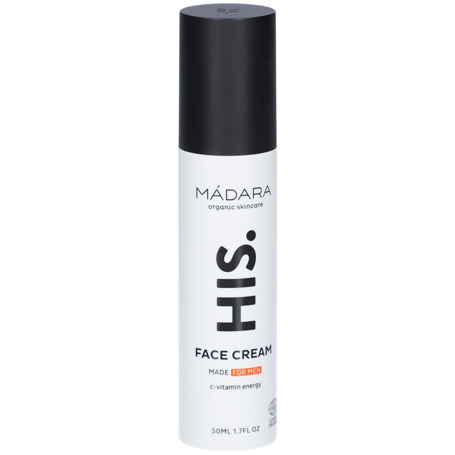 Wit en zwarte fles met zwarte dop. Opschrift: MÁDARA, HIS, FACE CREAM, MADE FOR MEN, c-vitamin energy.