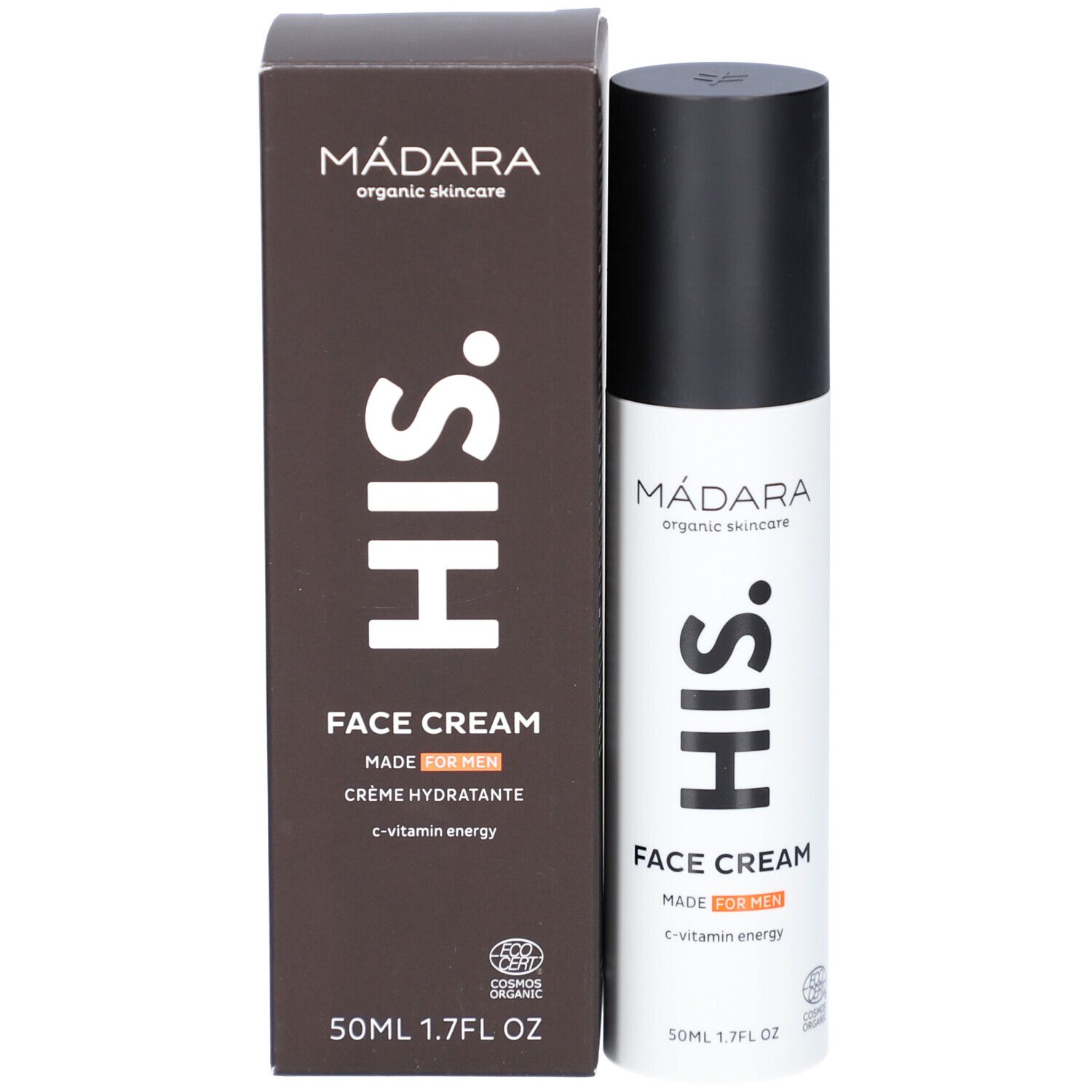 Productverpakking met fles. Opschrift: MÁDARA, HIS, FACE CREAM, MADE FOR MEN, c-vitamin energy. Certificering.