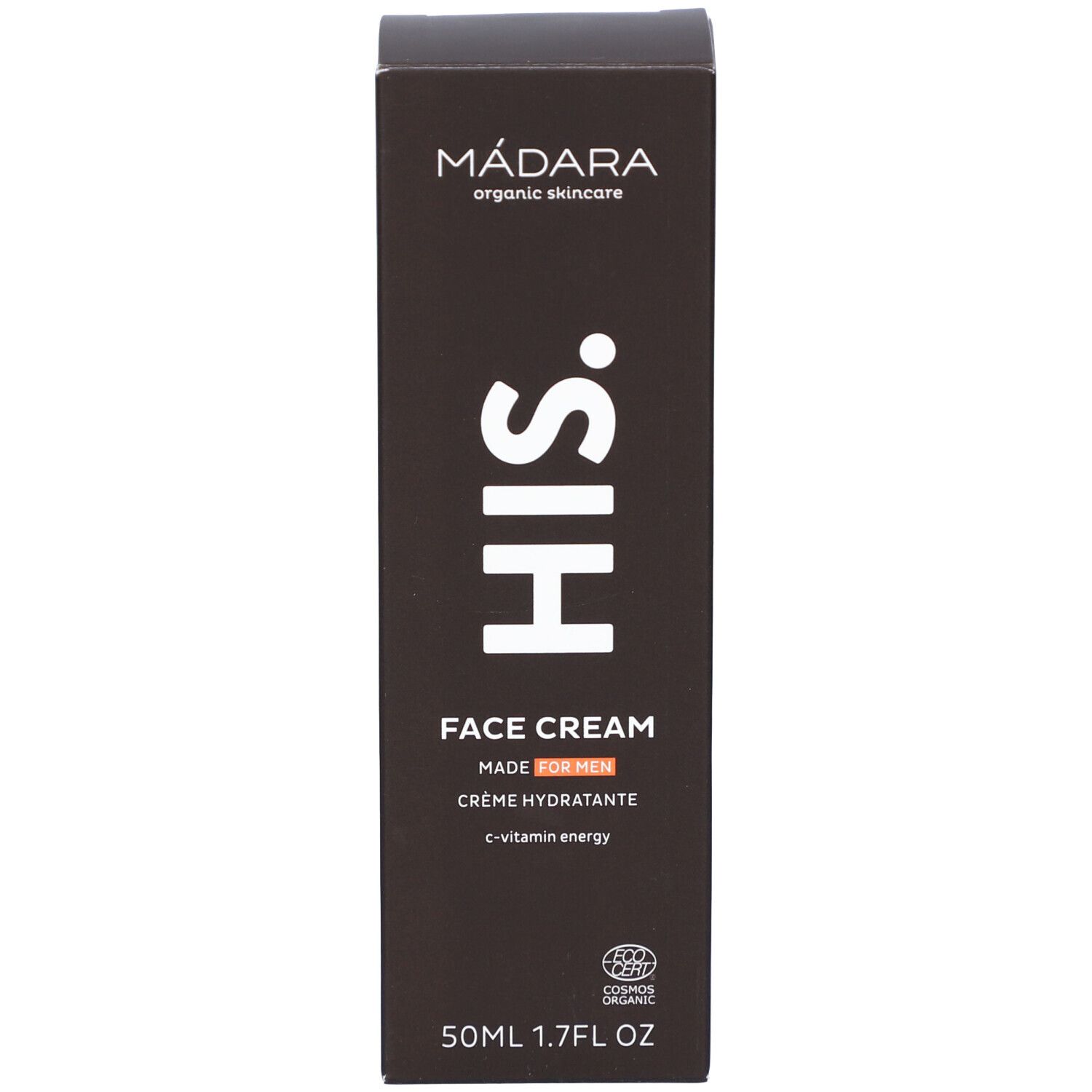 Bruine productverpakking. Opschrift: MÁDARA, HIS, FACE CREAM, MADE FOR MEN, c-vitamin energy. Certificering.
