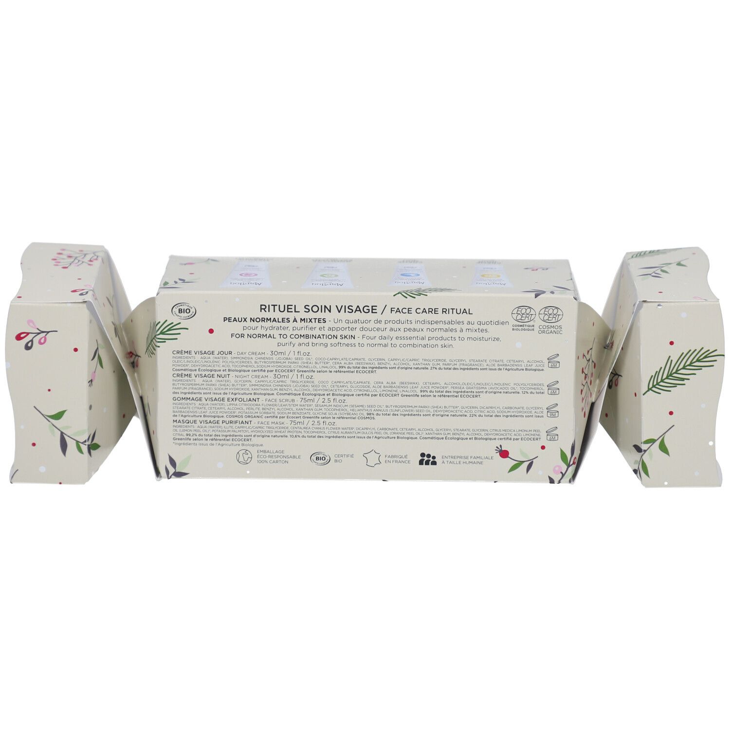 Dos du coffret cadeau 'Hydratation Merveilleuse' avec texte et logos. MARILOU BIO.