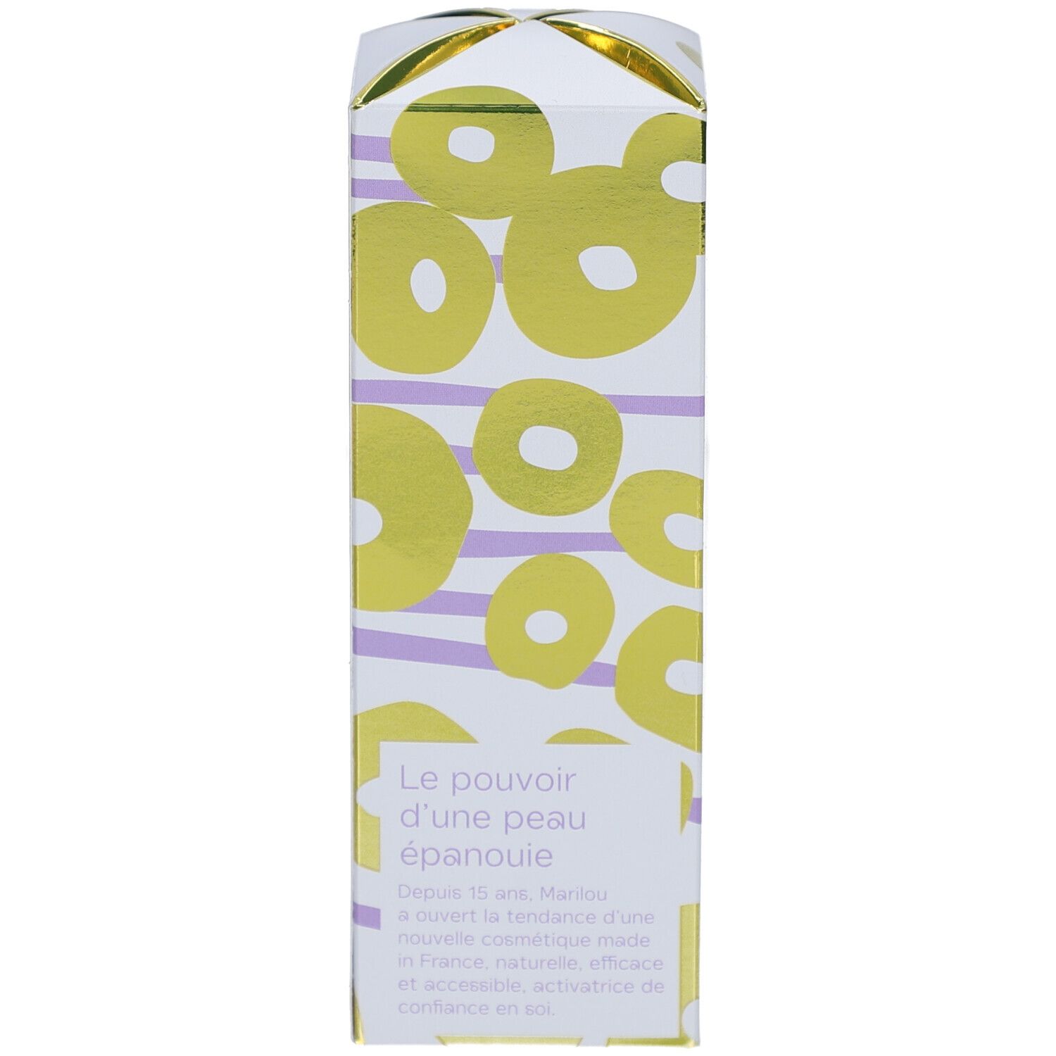 Boîte MARILOU BIO. Texte : Le pouvoir d'une peau épanouie. Motif floral. Accents dorés. Bandes violettes.
