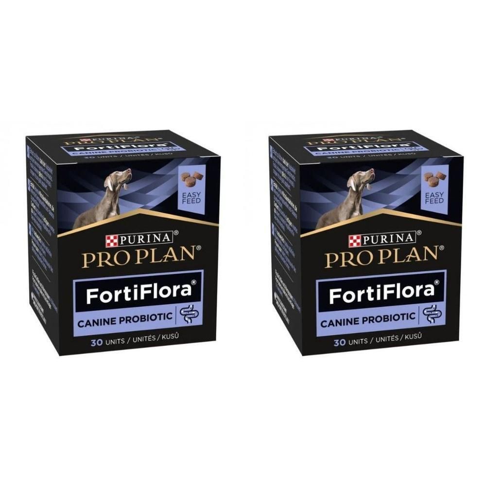 Deux boîtes carrées PRO PLAN FortiFlora. Emballage noir avec nom du produit et image de chien. 30 unités.