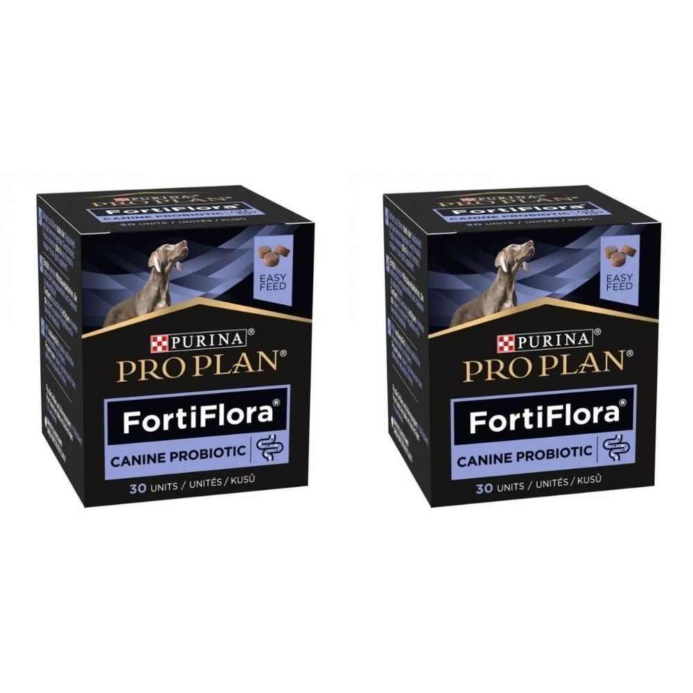 Twee vierkante dozen PRO PLAN FortiFlora. Zwarte verpakking met productnaam en afbeelding van een hond. 30 eenheden.