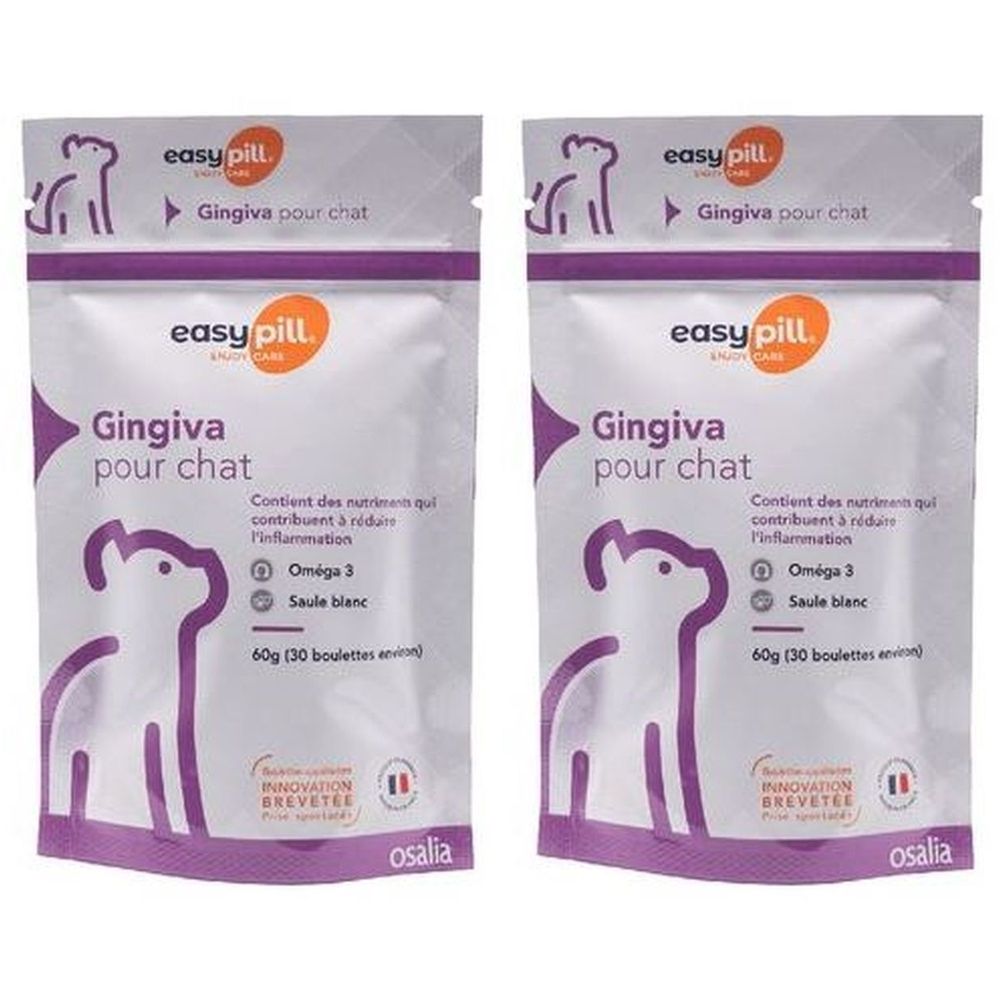 Twee zakjes Osalia Easypill® Gingiva pour chat. Wit-paarse verpakking met productnaam, kattenillustratie en informatie.