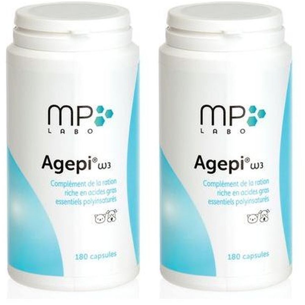 Twee witte flessen met blauw etiket. Opschrift: MP Labo Agepi w3, 180 capsules.