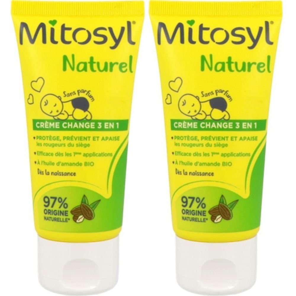 Deux tubes jaunes avec texte vert. Inscription: Mitosyl Naturel, Crème Change 3 en 1. Contient 97% d'origine naturelle.