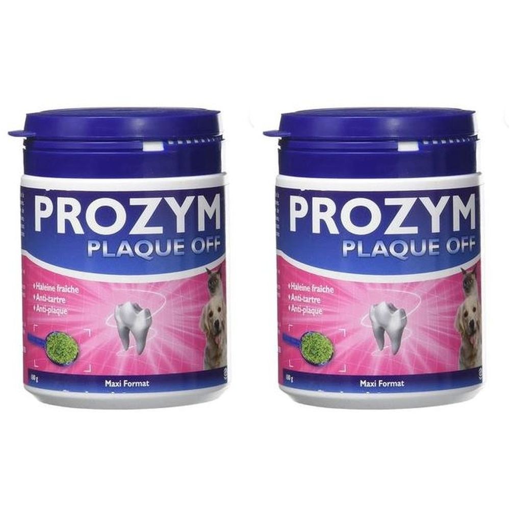 Twee blauwe potten met de tekst "PROZYM PLAQUE OFF". Opschrift "Maxi Format". Afbeelding van een tand en een hond.