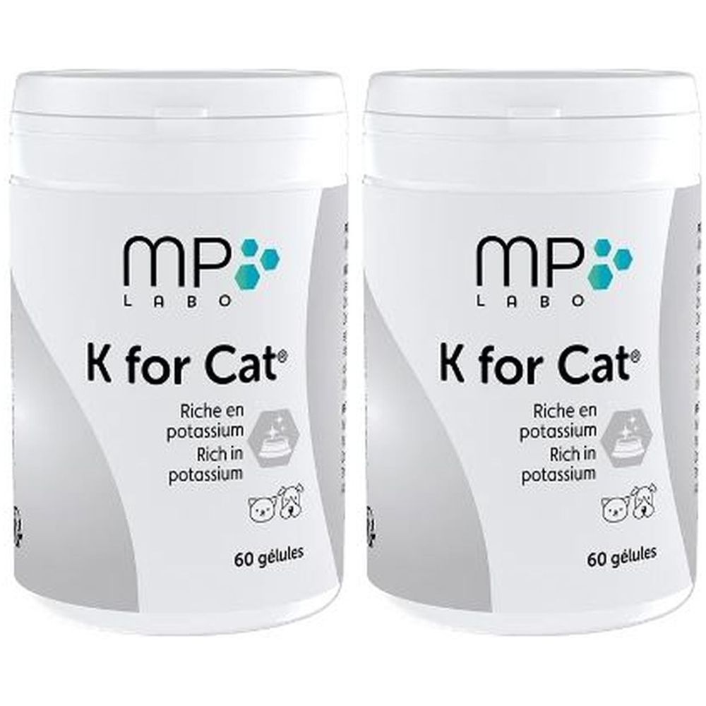 Deux boîtes blanches "MP LABO K for Cat". Texte: "Riche en potassium", "Rich in potassium". Contient 60 gélules.