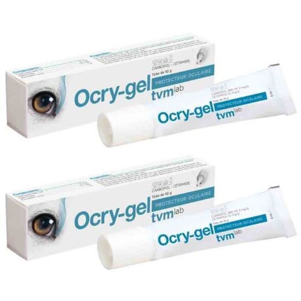 Twee tubes Ocry-gel met verpakking. Op de verpakking en tubes staat Ocry-gel, tvm lab en PROTECTEUR OCULAIRE.