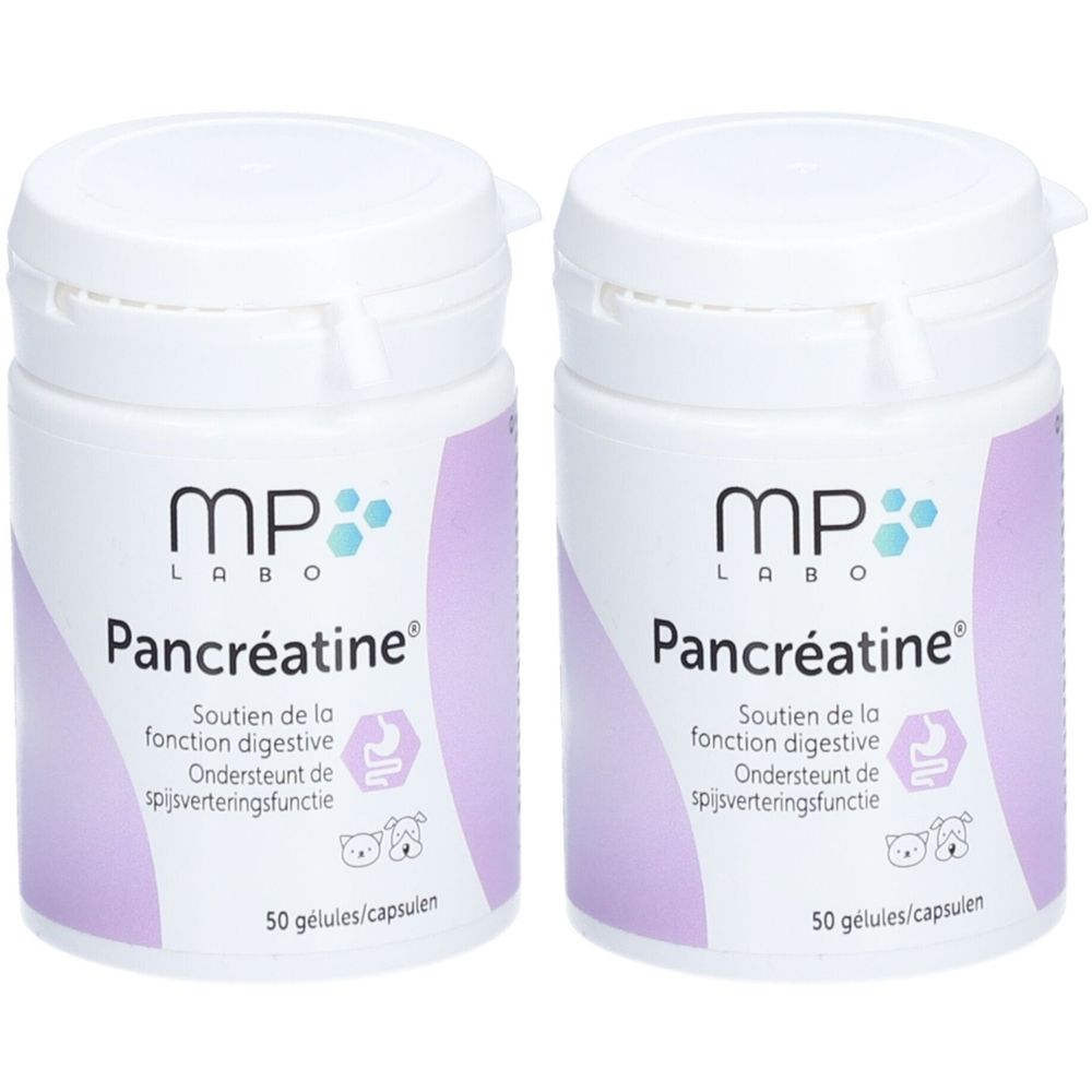 Deux flacons blancs avec couvercles. Inscription: MP Labo Pancréatine, Soutien de la fonction digestive. 50 gélules.