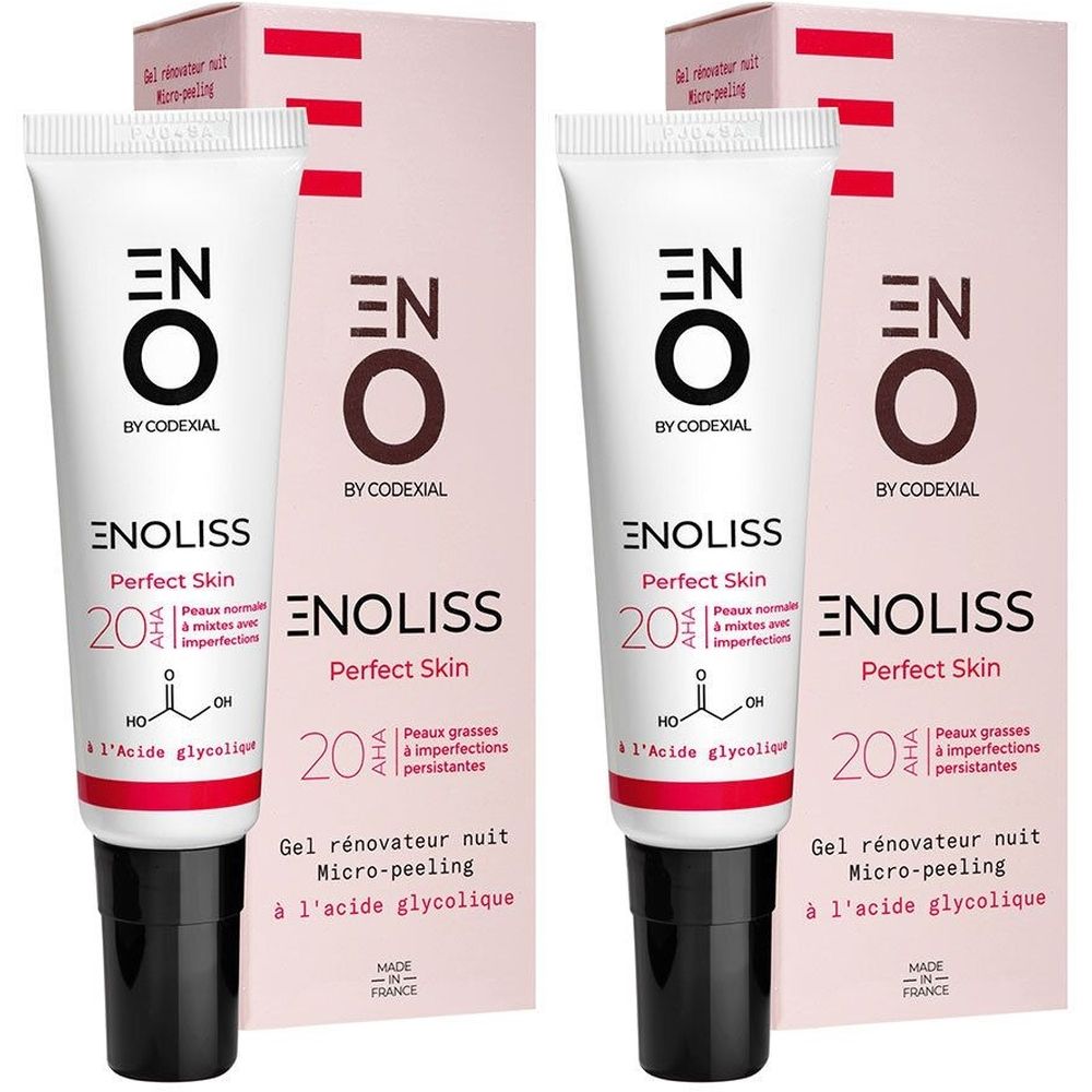 Deux tubes et boîtes. Inscription: ENOLISS Perfect Skin 20 AHA, Gel rénovateur nuit micro-peeling à l'acide glycolique.